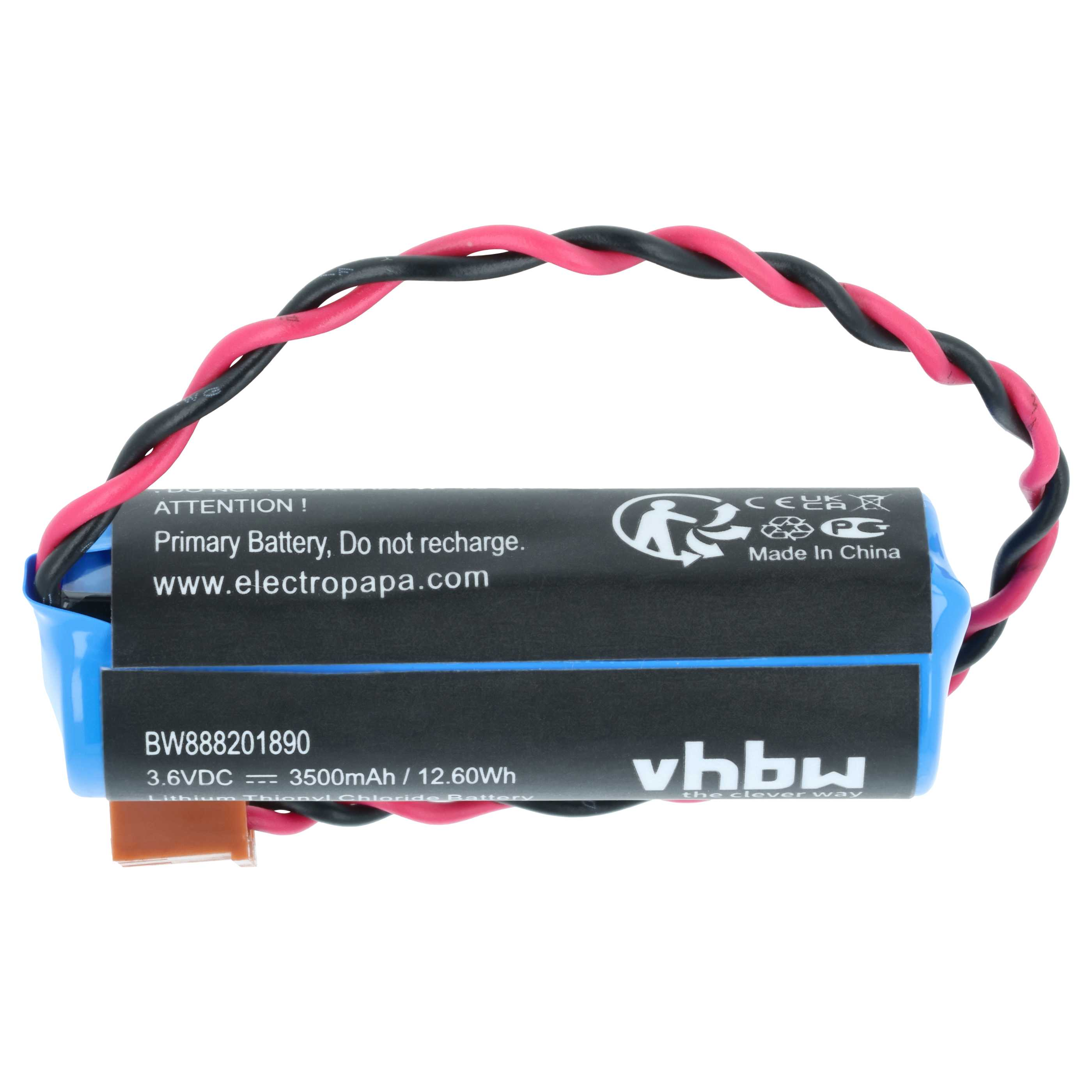 Eine blaue Lithium-Batterie mit schwarzen und roten Kabeln, 3,6 VDC, 3500 mAh.