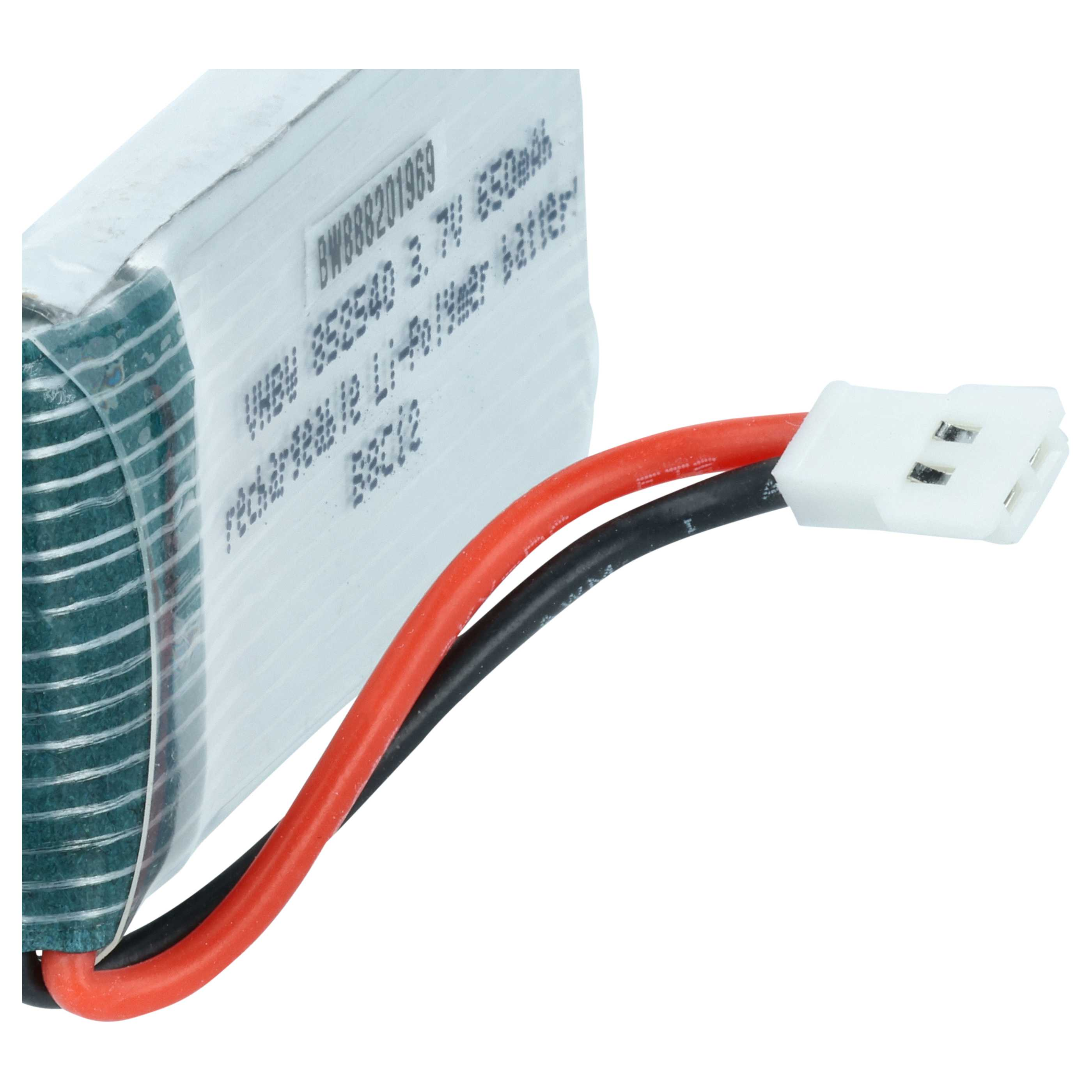 Ein weißer Lithium-Polymer-Akku mit roten und schwarzen Kabeln und einem weißen Stecker.