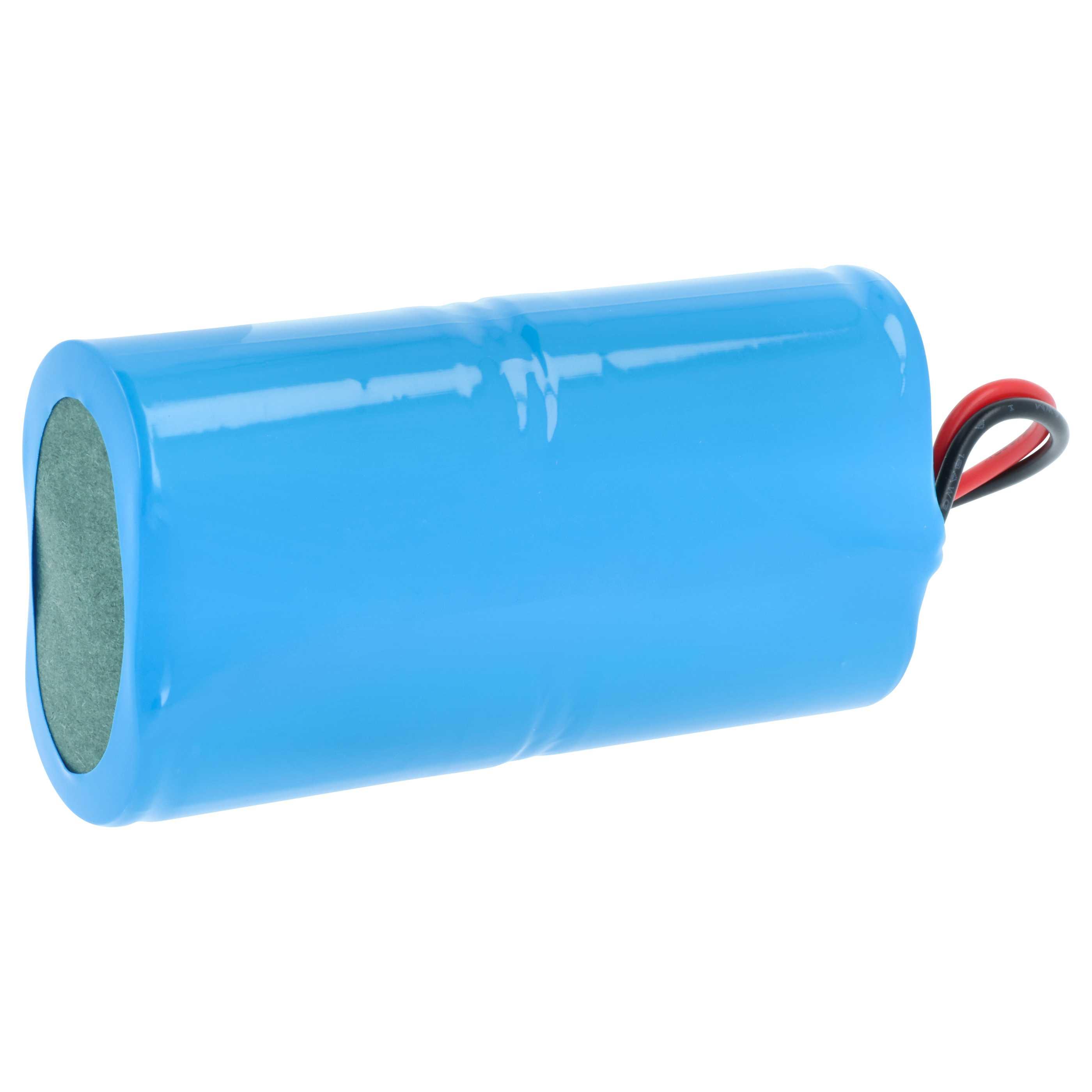 Eine blaue zylindrische Batterie mit roten und schwarzen Kabeln.