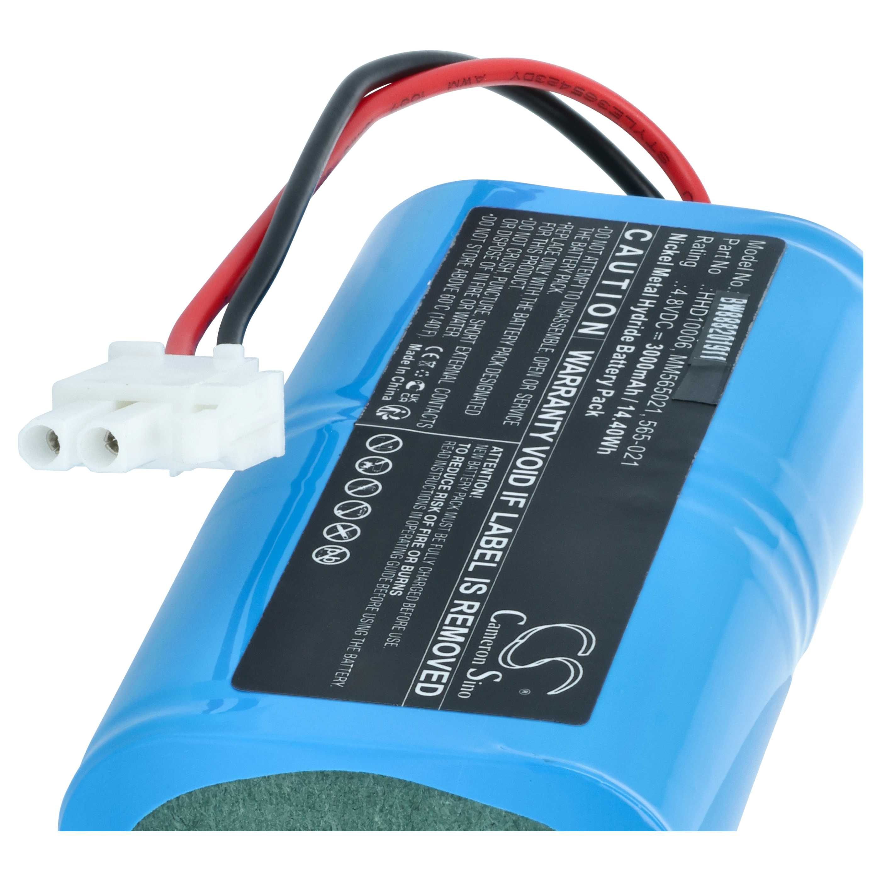 Blauer Akku mit Kabeln und weißen Stecker. Details auf dem Etikett.
