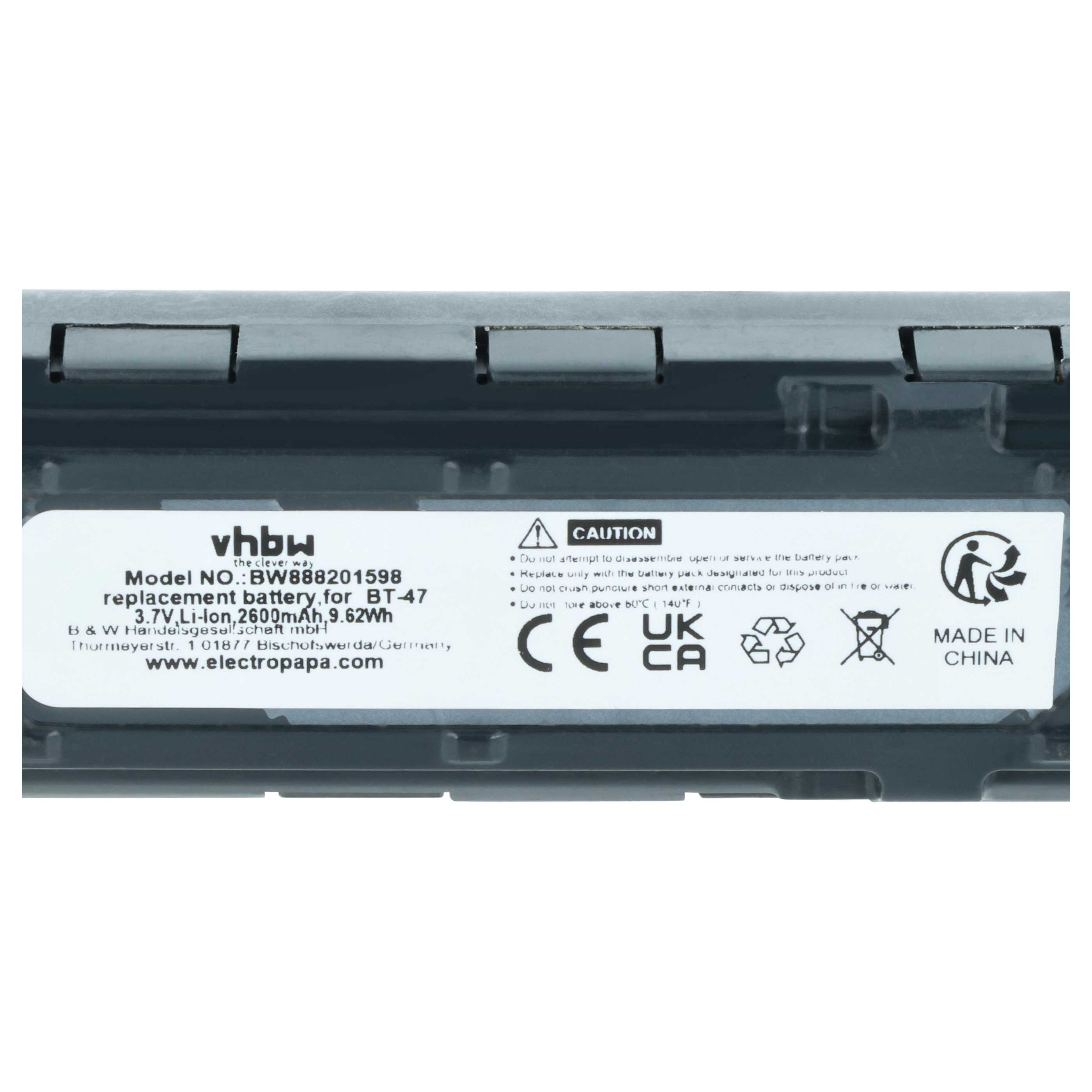 Ein VHBW Ersatzakku Modell BW888201598 für BT-47, 3,7V Li-Ion, 2600mAh.