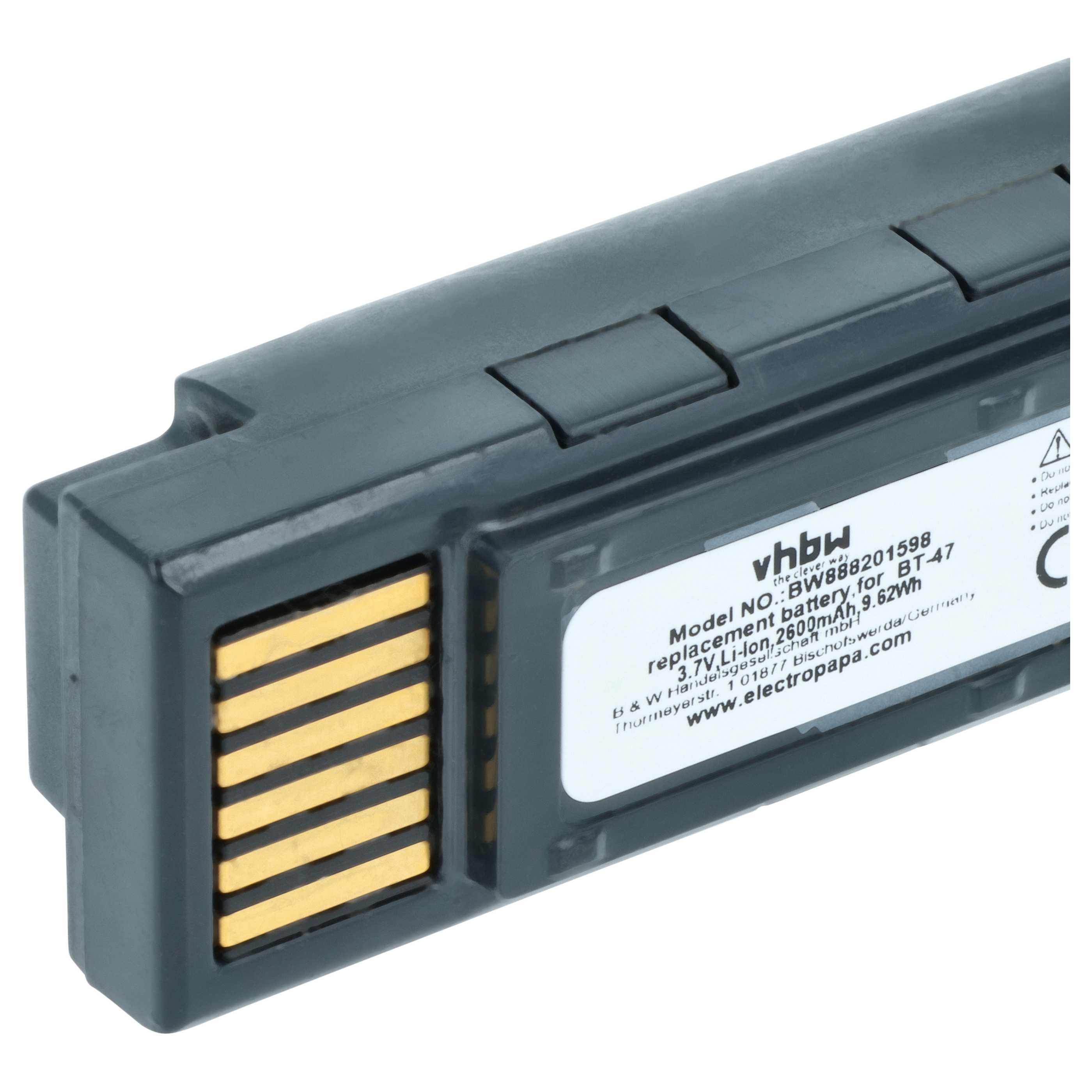 Graue Batterie mit goldenen Kontakten und Aufkleber mit Modell- und Herstellerinformationen.
