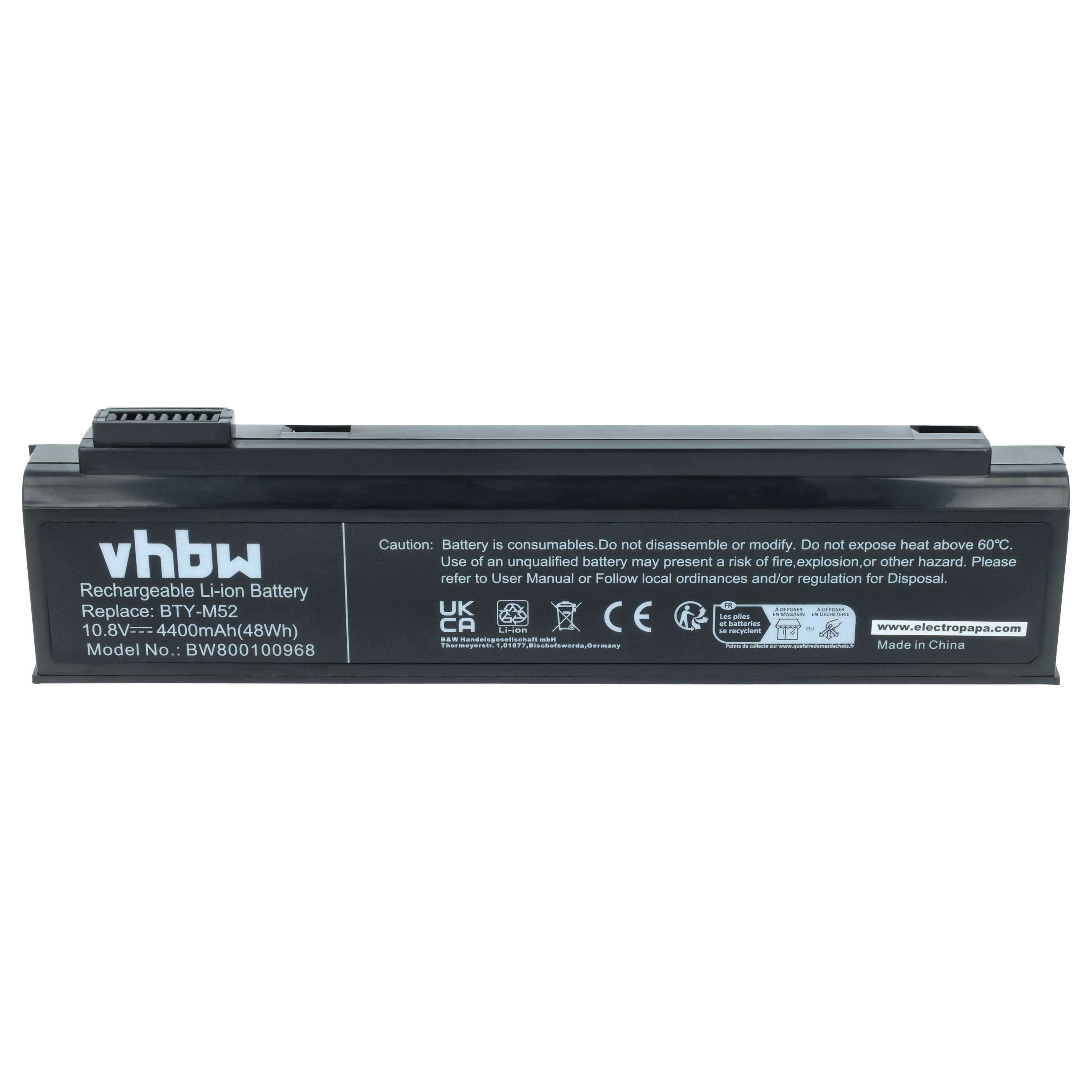 Schwarzer Li-Ion-Akku von vhbw, 10,8V, 4400mAh. Modell BW800100968.