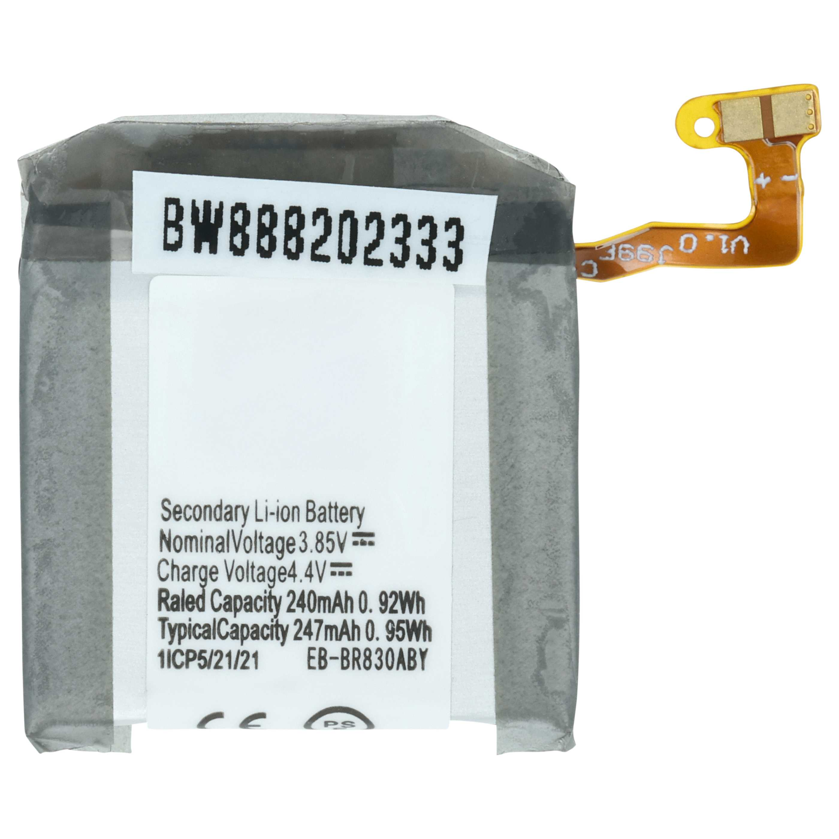 Graue Li-Ionen-Batterie mit gelbem Anschlusskabel. Spezifikationen aufgedruckt.