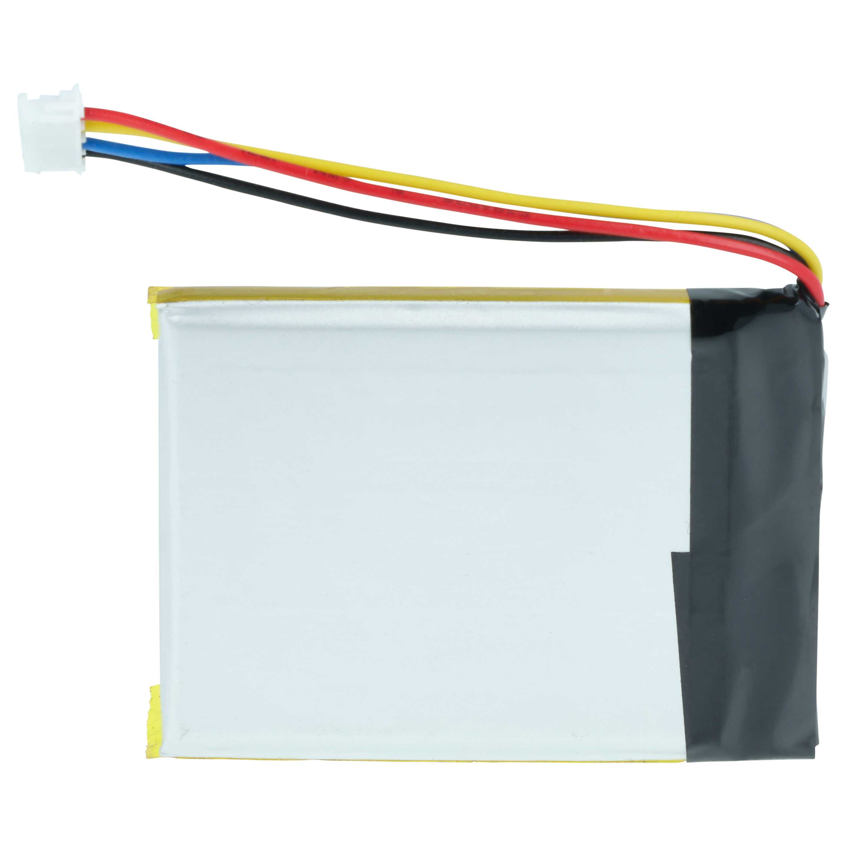 Ein flacher Akku mit rotem, gelbem und blauem Kabel sowie einem weißen Stecker.