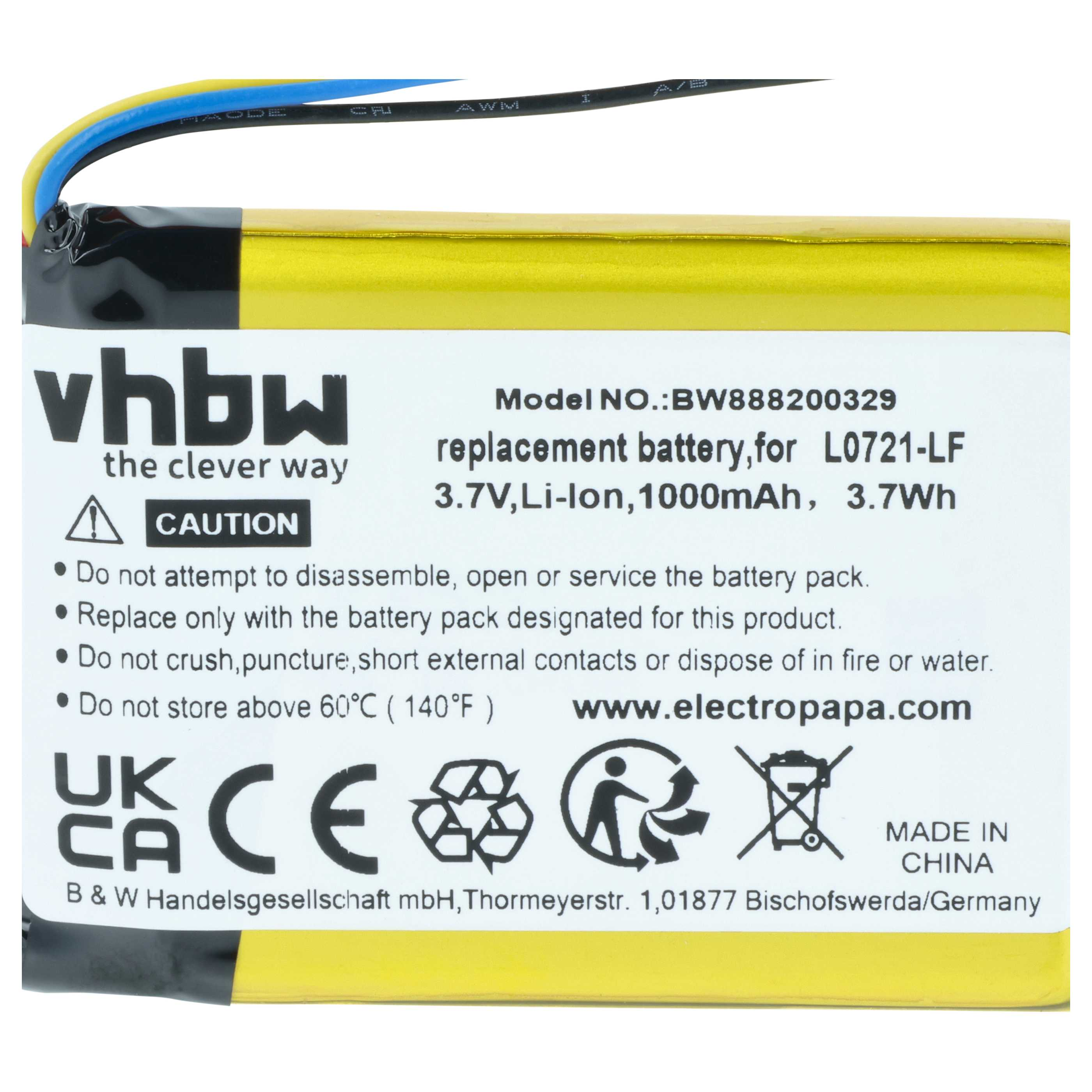 Gelbe Batterie mit Kabeln und Warnhinweisen, Modell BW888200329.