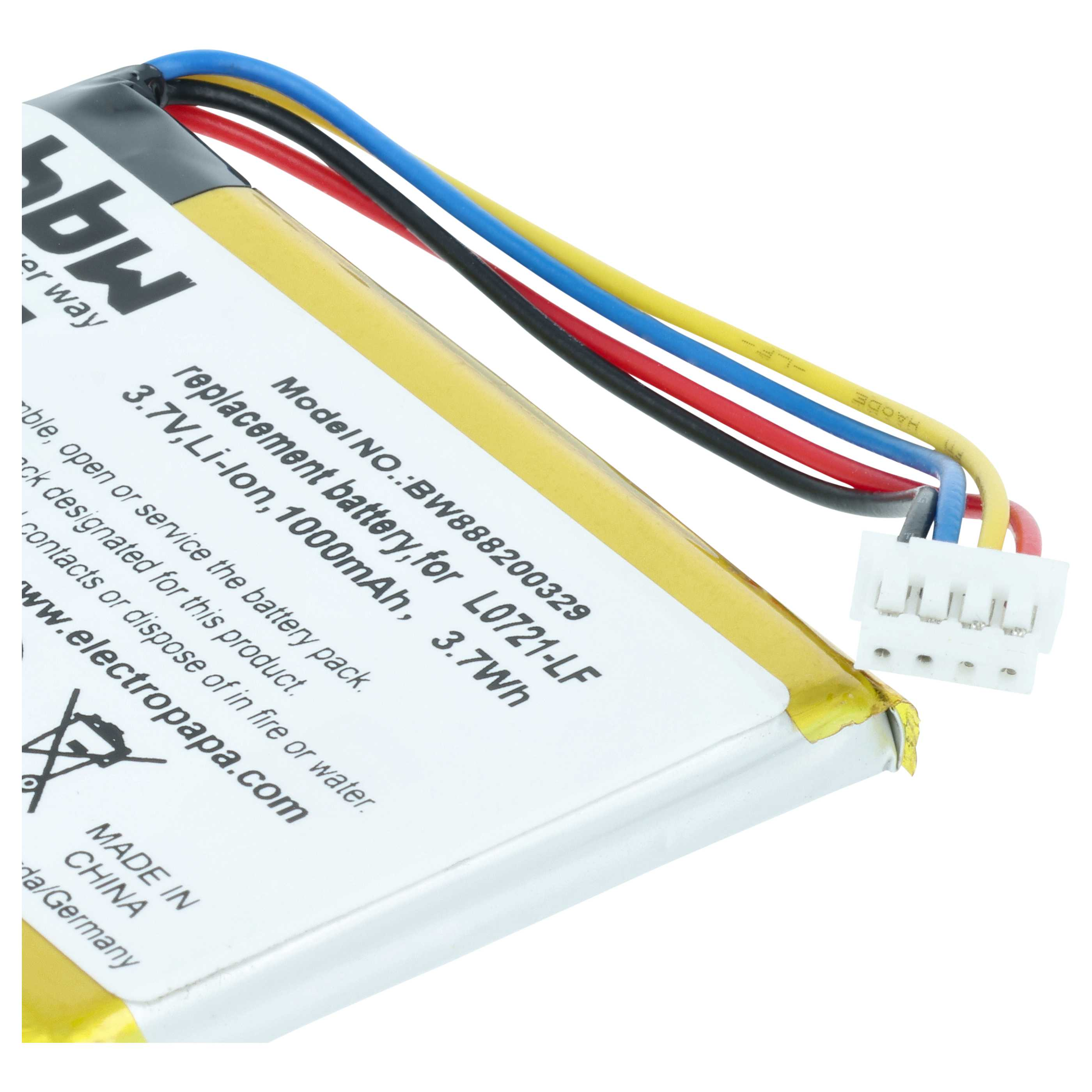 3,7V Li-Ion Akku, 1000mAh, mit 4 Kabeln und weißem Stecker.