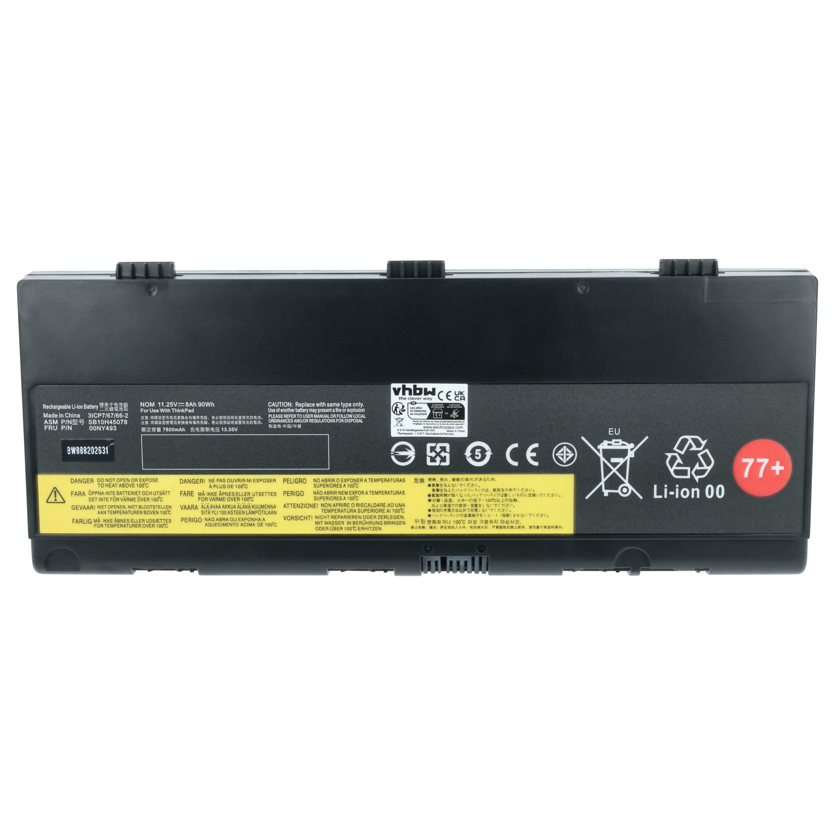 Schwarzer Laptop-Akku mit Warnhinweisen und Ladeanzeige 77+.