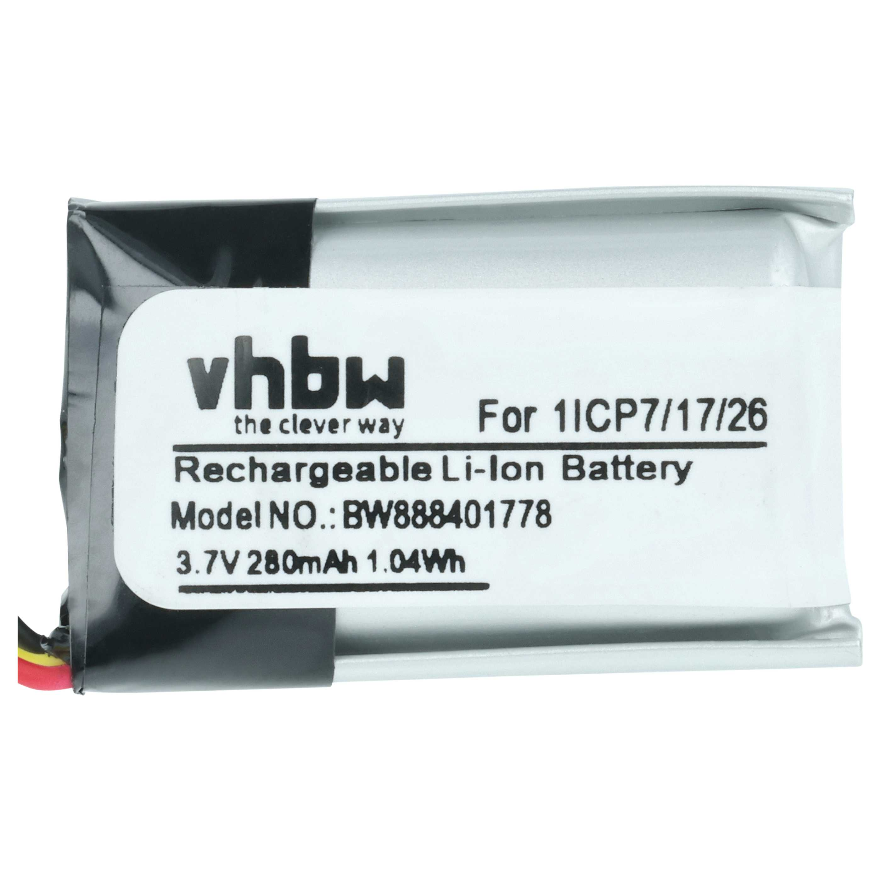 Silberner Lithium-Ionen-Akku mit schwarzem Kabel, 3.7V 280mAh.