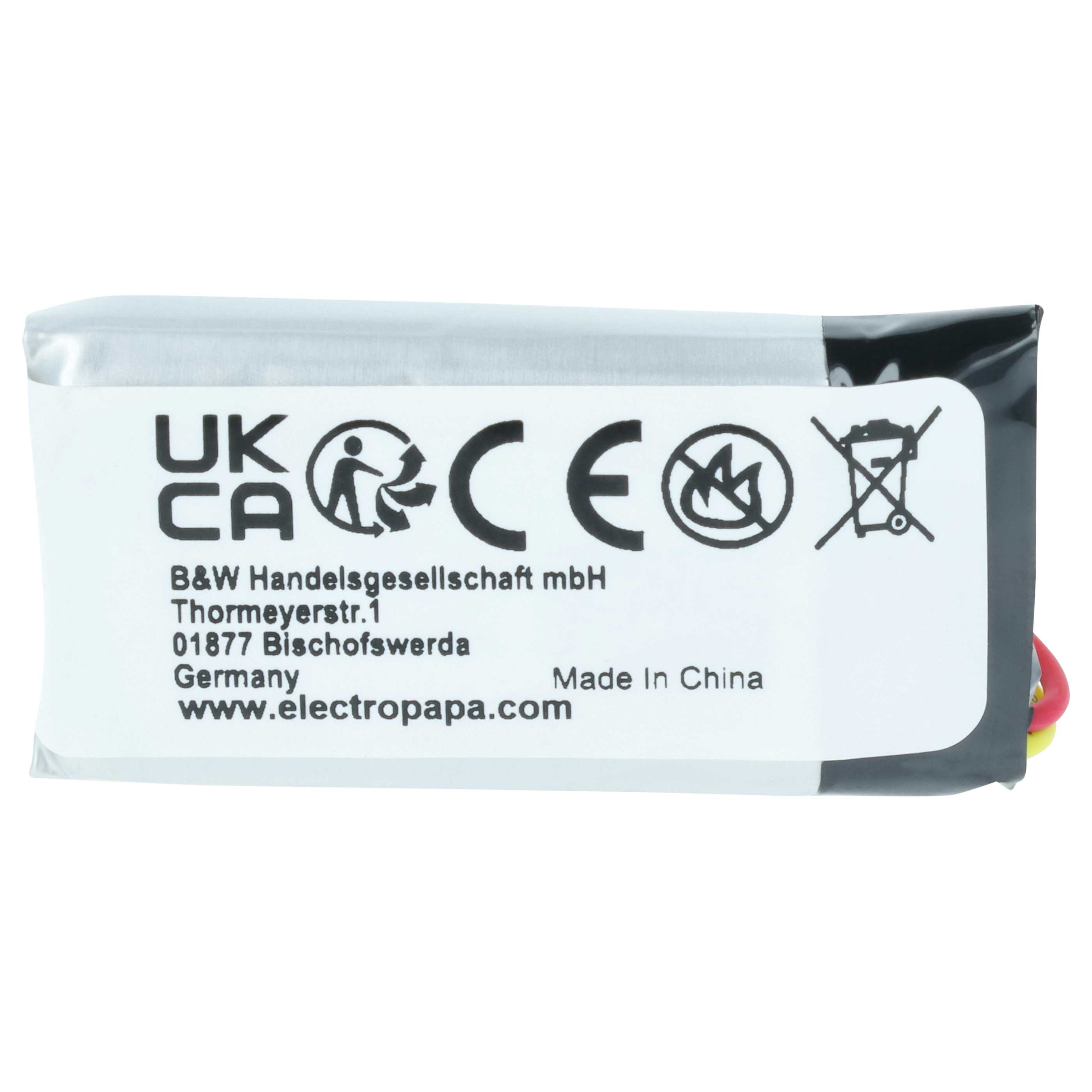 Ein Akku mit CE-, UKCA- und Recycling-Symbolen. Hergestellt in China.