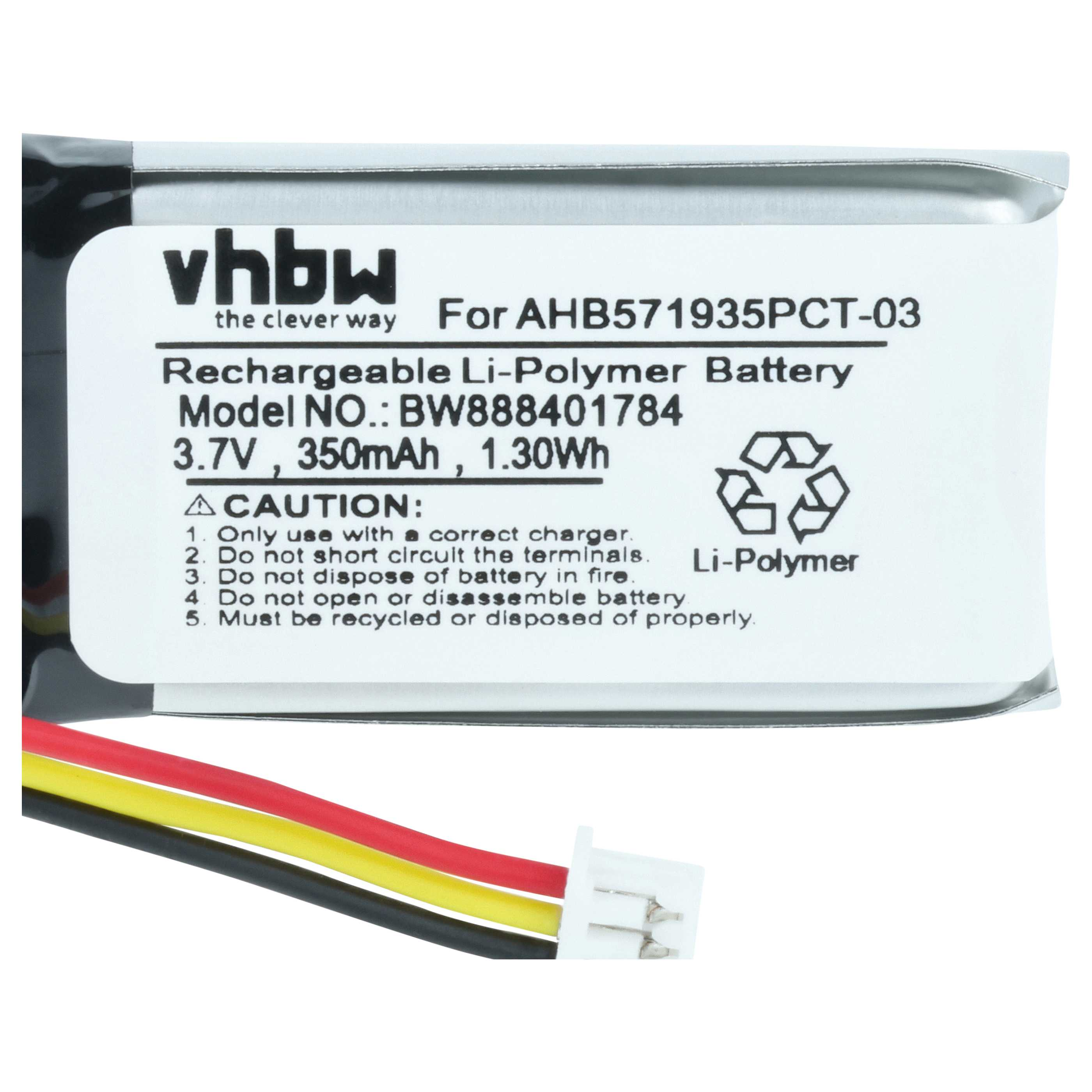 Ein vhbw Li-Polymer-Akku für AHB571935PCT-03, 3,7V, 350mAh, mit Kabeln.