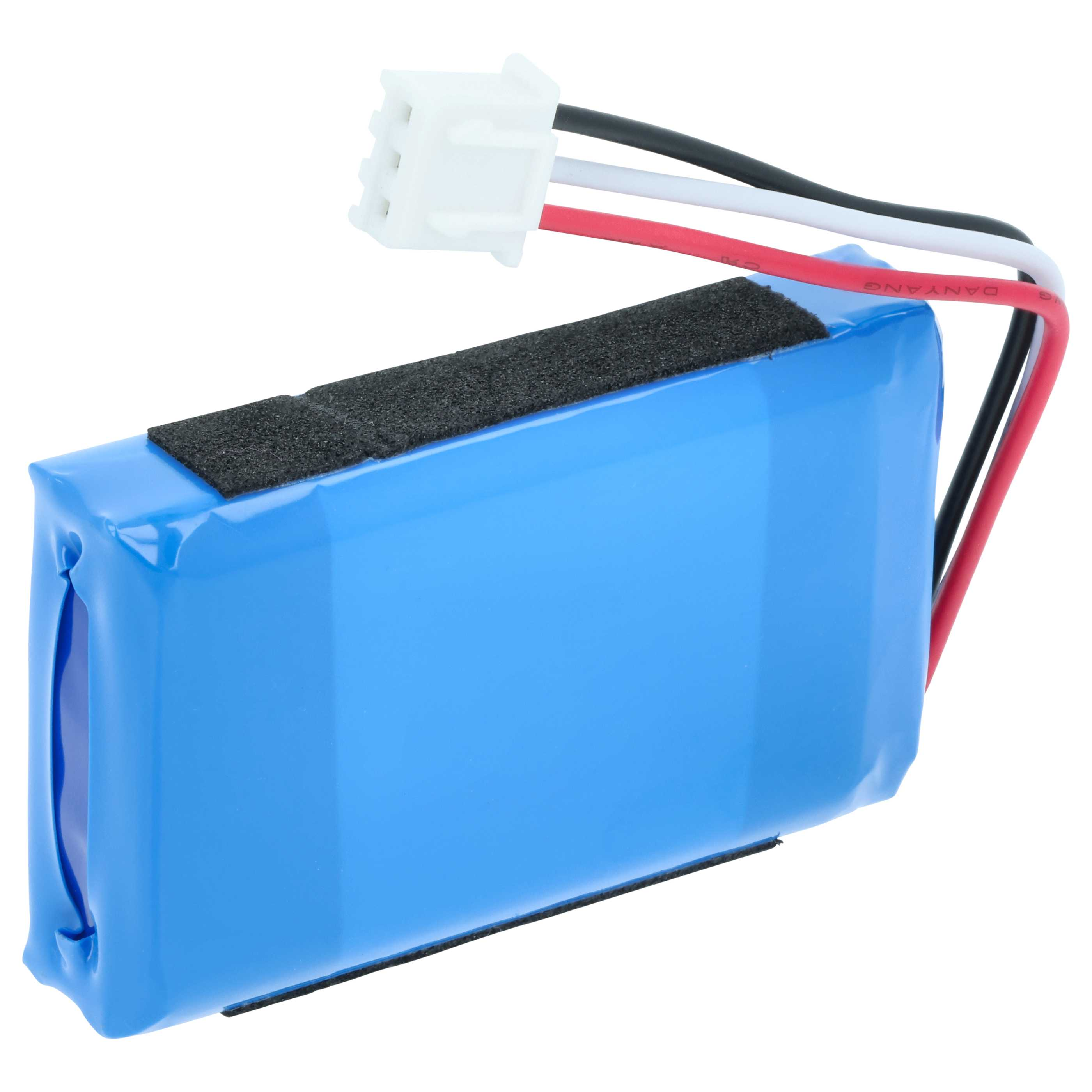 Blauer Akkupack mit weißem Stecker und roten, weißen, schwarzen Kabeln.
