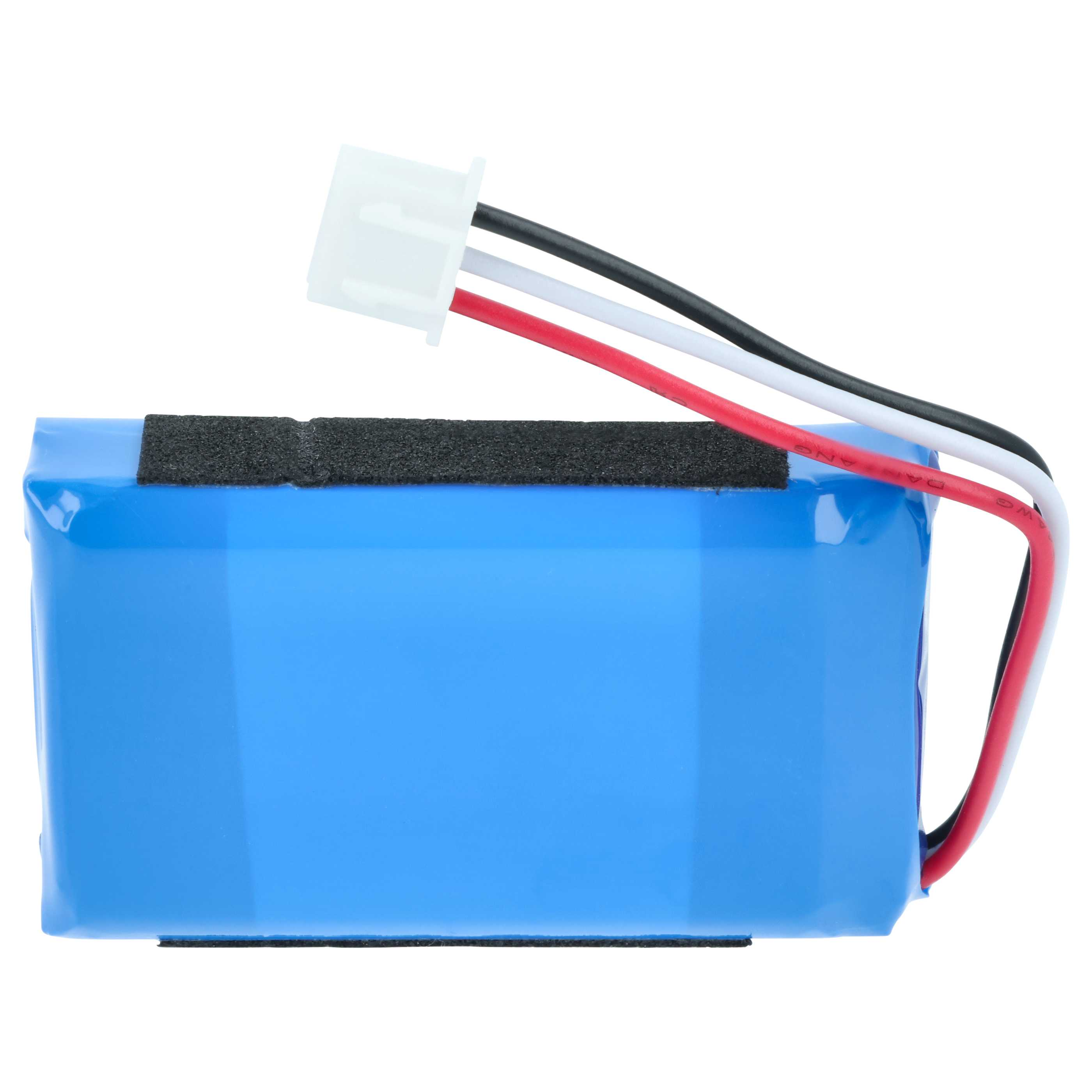 Ein blaues Akku-Pack mit drei Kabeln (schwarz, weiß, rot) und einem weißen Stecker.