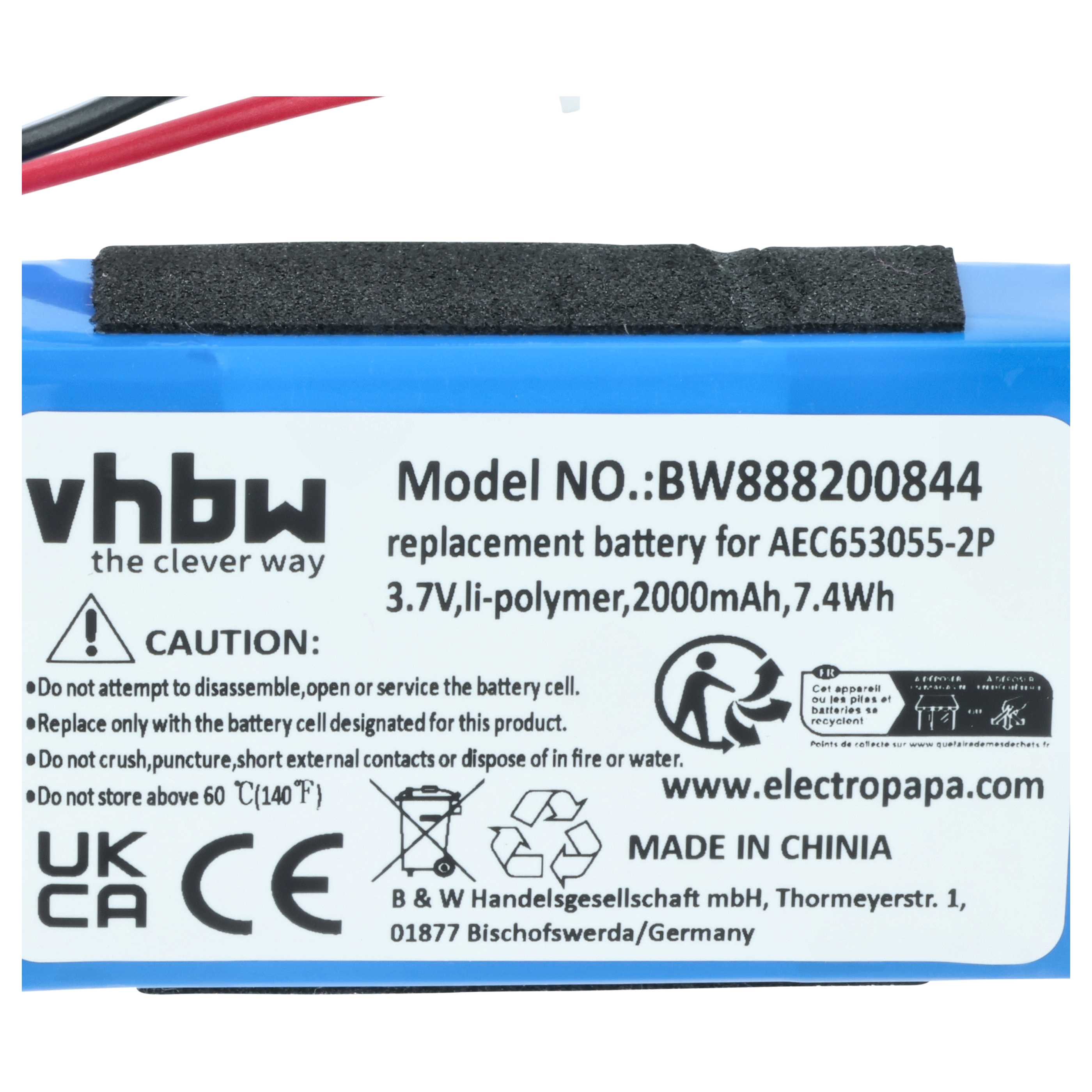 Blauer Li-Polymer-Akku, 3,7V, 2000mAh, mit Warnhinweisen und Herstellernachweisen.