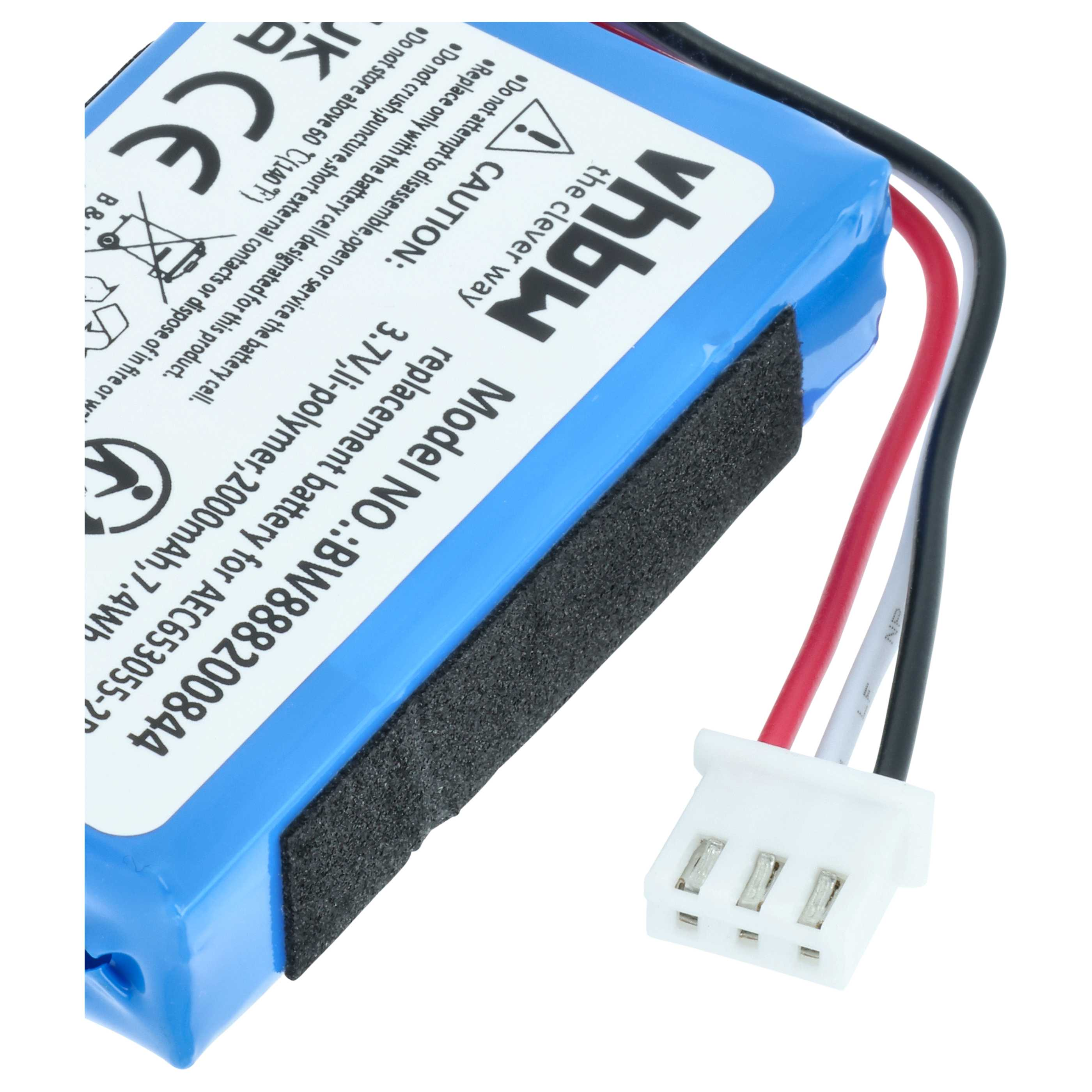 Blauer Li-Polymer-Akku mit Modellnummer BW888200844 und Kabeln.