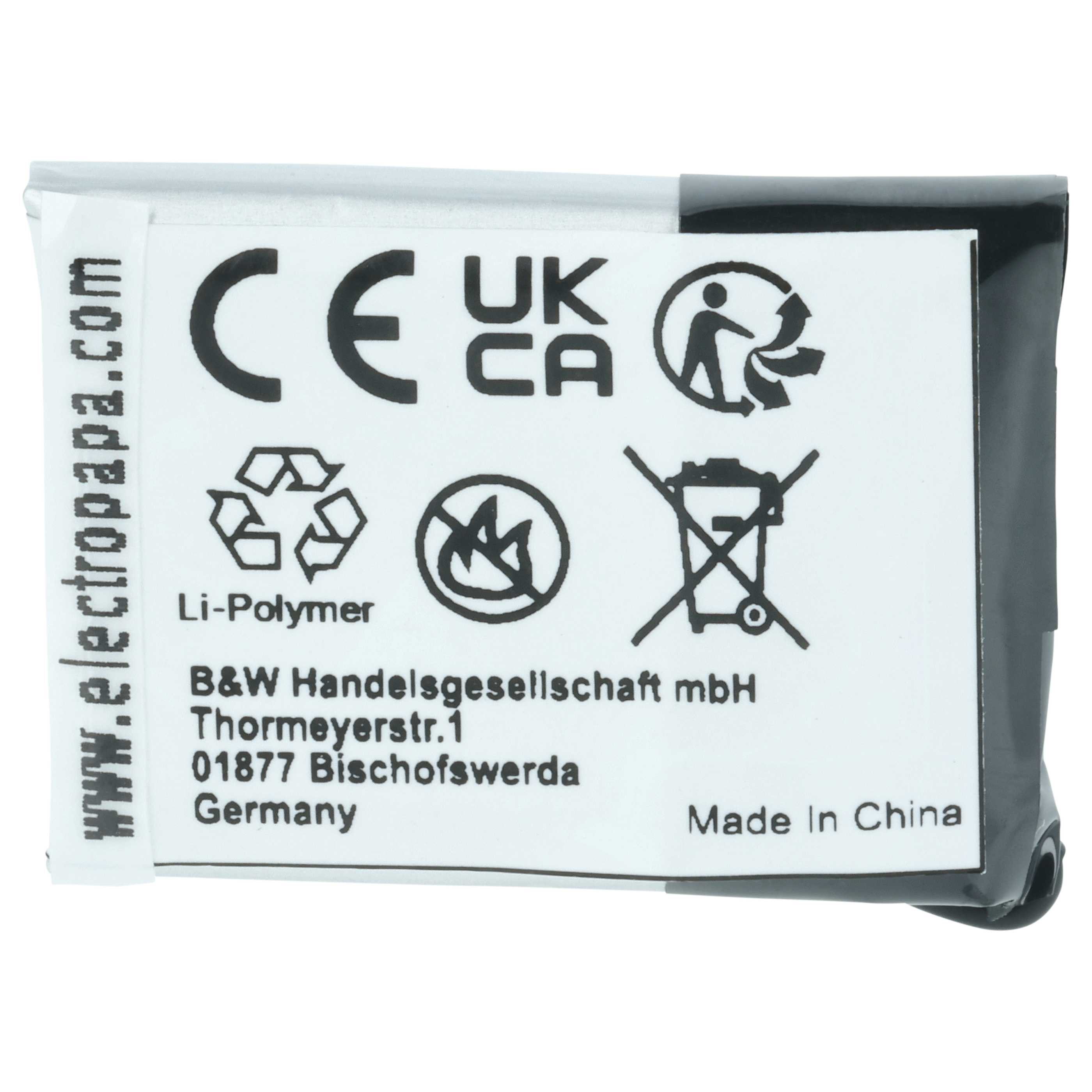 Lithium-Polymer-Akku mit CE-, UK-CA-Siegeln und Recycling-Symbolen.