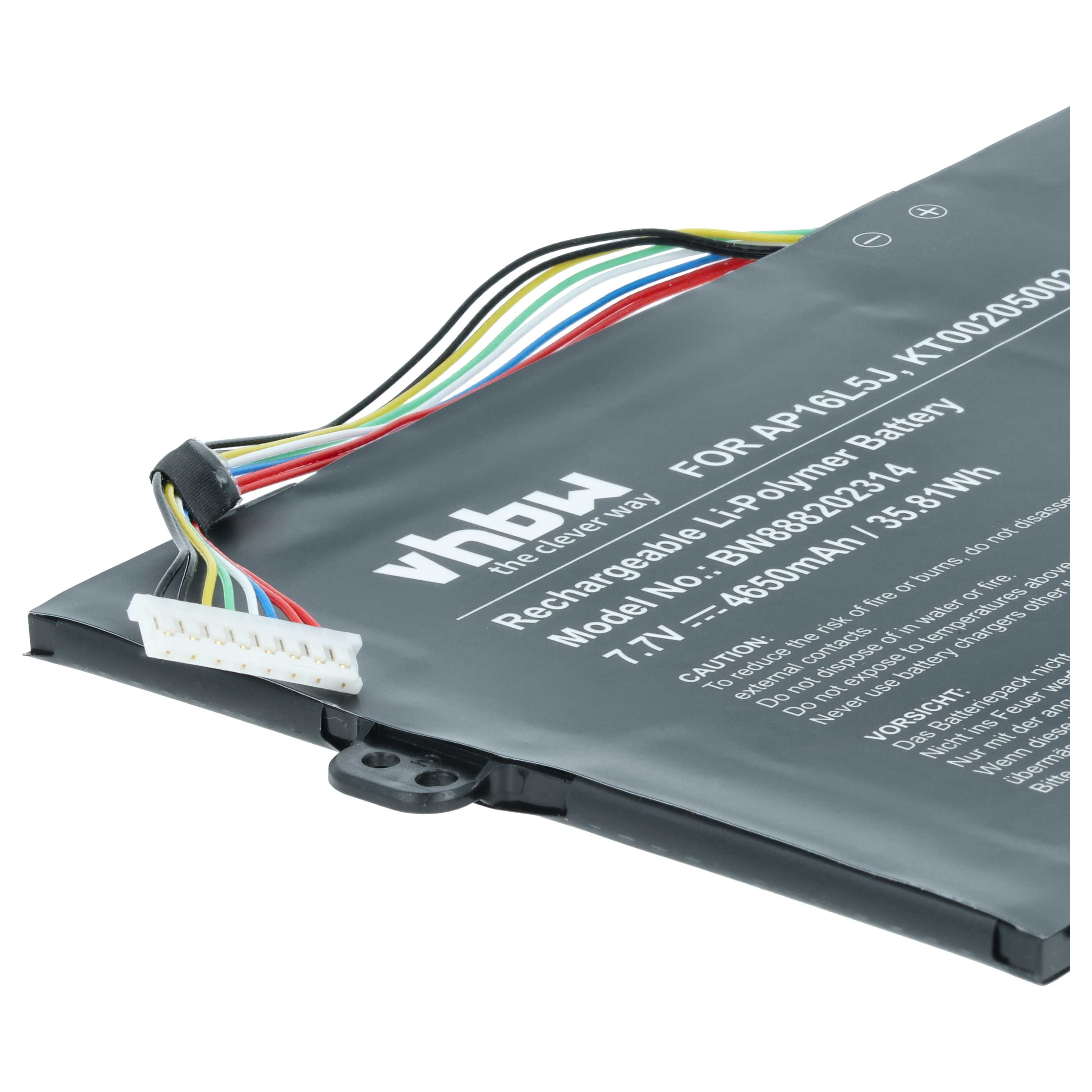 Schwarzer Laptop-Akku mit weißen und bunten Kabeln und einem weißen Stecker.