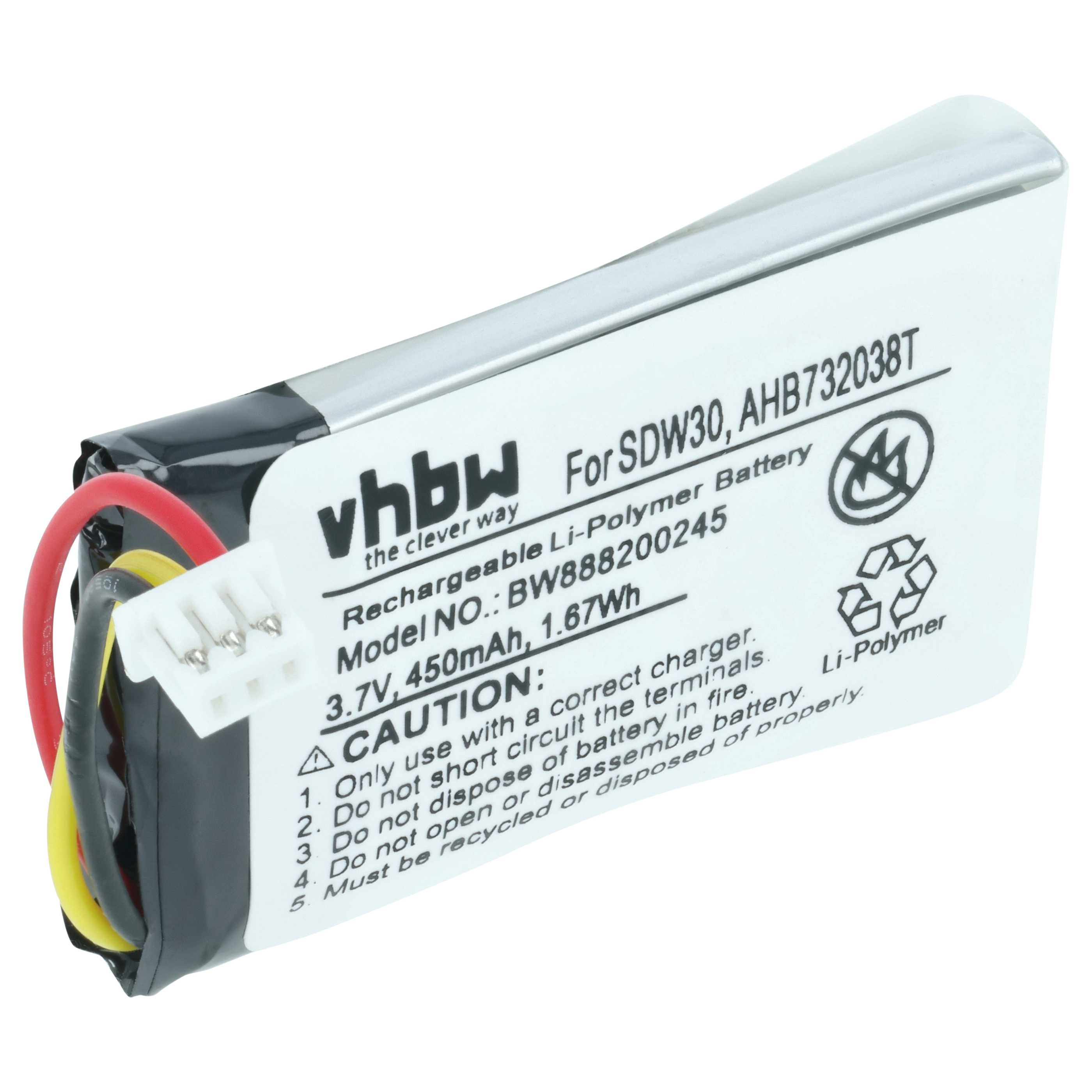 Ein Li-Polymer-Akku 3,7V 450mAh mit Kabeln und Stecker auf weißem Hintergrund.
