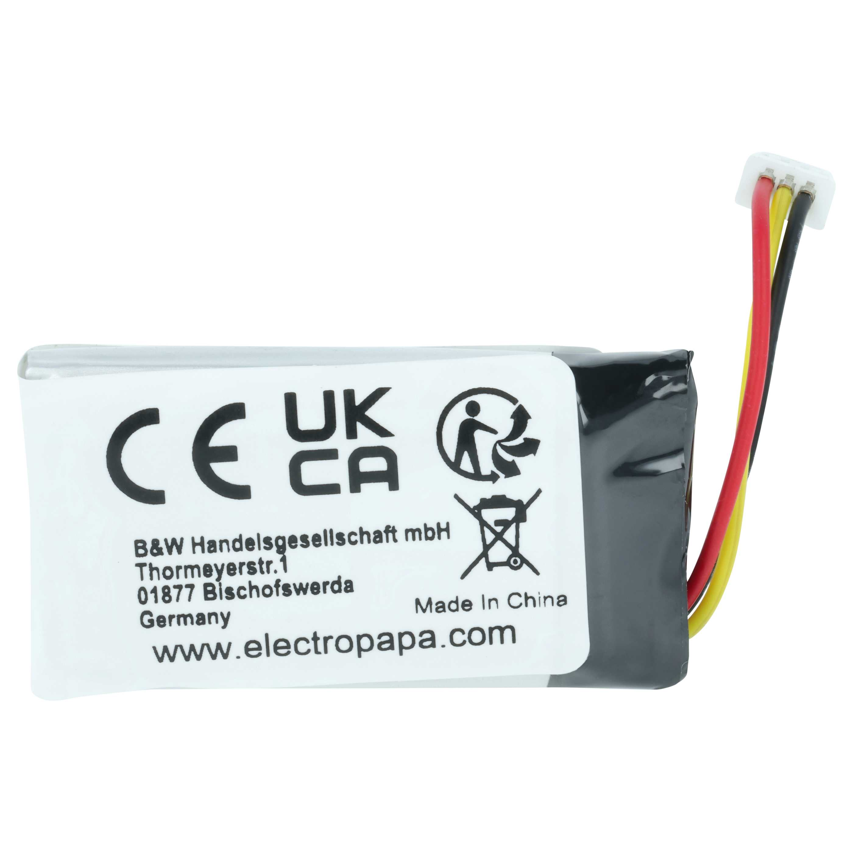 Ein schwarzer Akku mit CE, UKCA, Made in China Aufschrift und drei Kabeln.