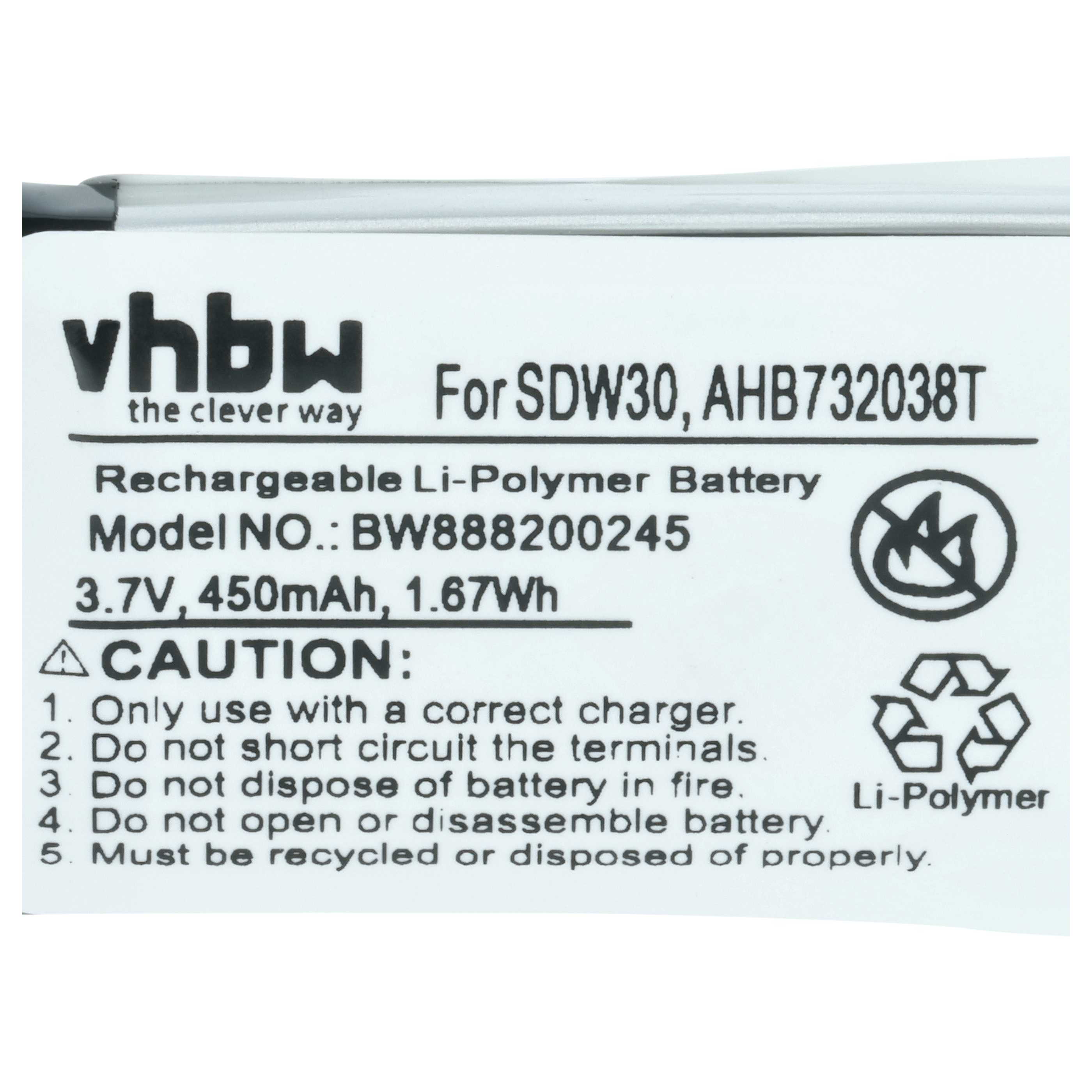 vhbw Akku für SDW30, AHB732038T. 3,7V, 450mAh. Vorsichtshinweise.