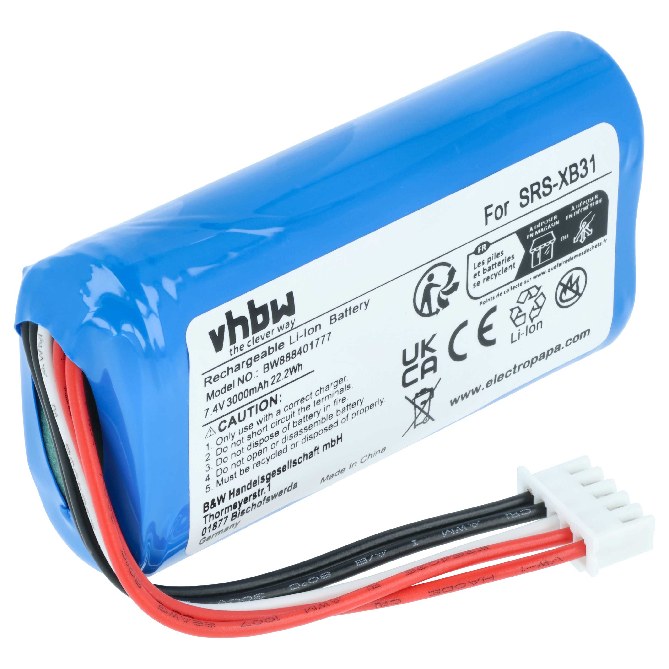 Blauer Akku mit Kabeln und Stecker, 7.4V 3000mAh, für SRS-XB31.