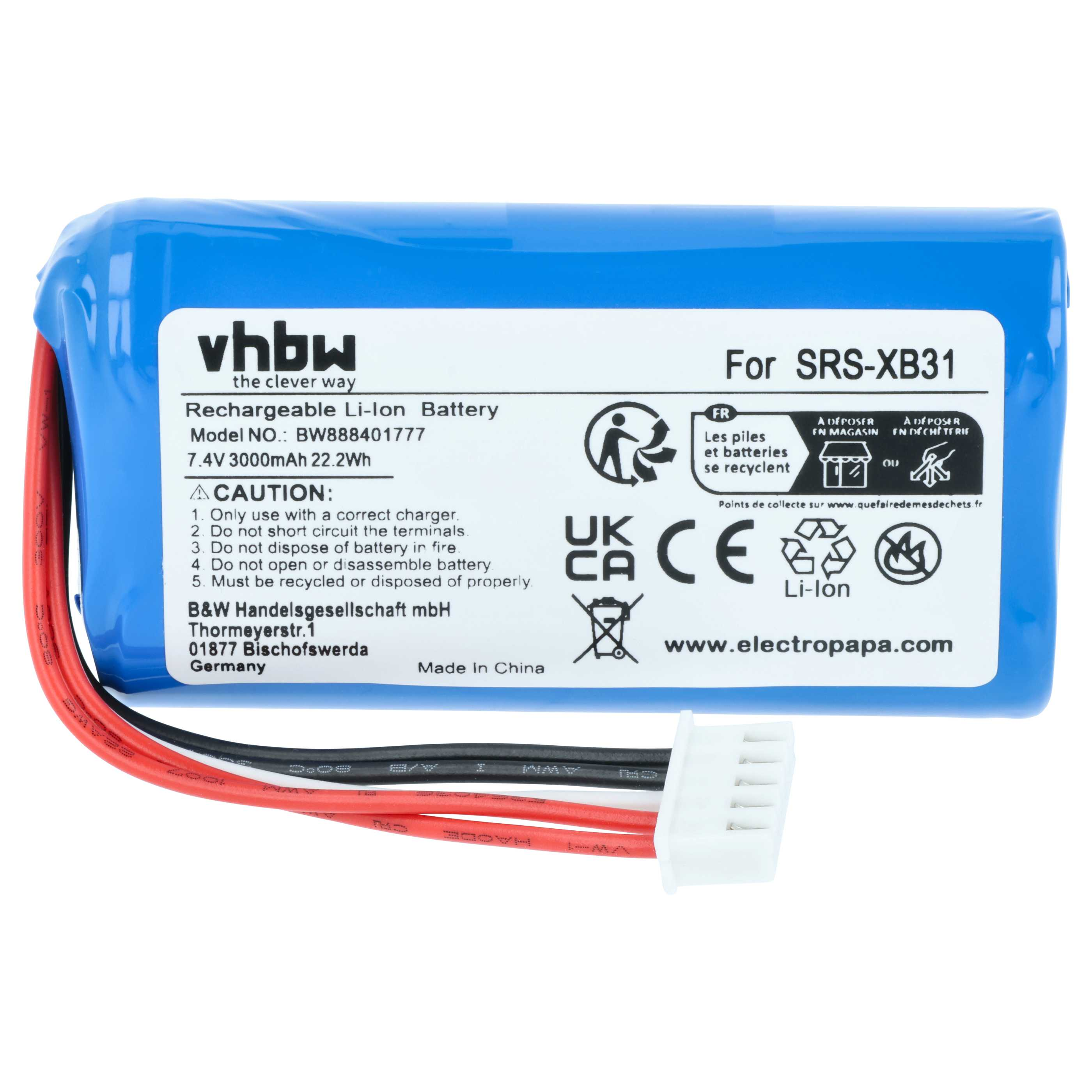 Blauer Li-Ion Akku für SRS-XB31, 7.4V 3000mAh, mit Kabeln und Stecker.