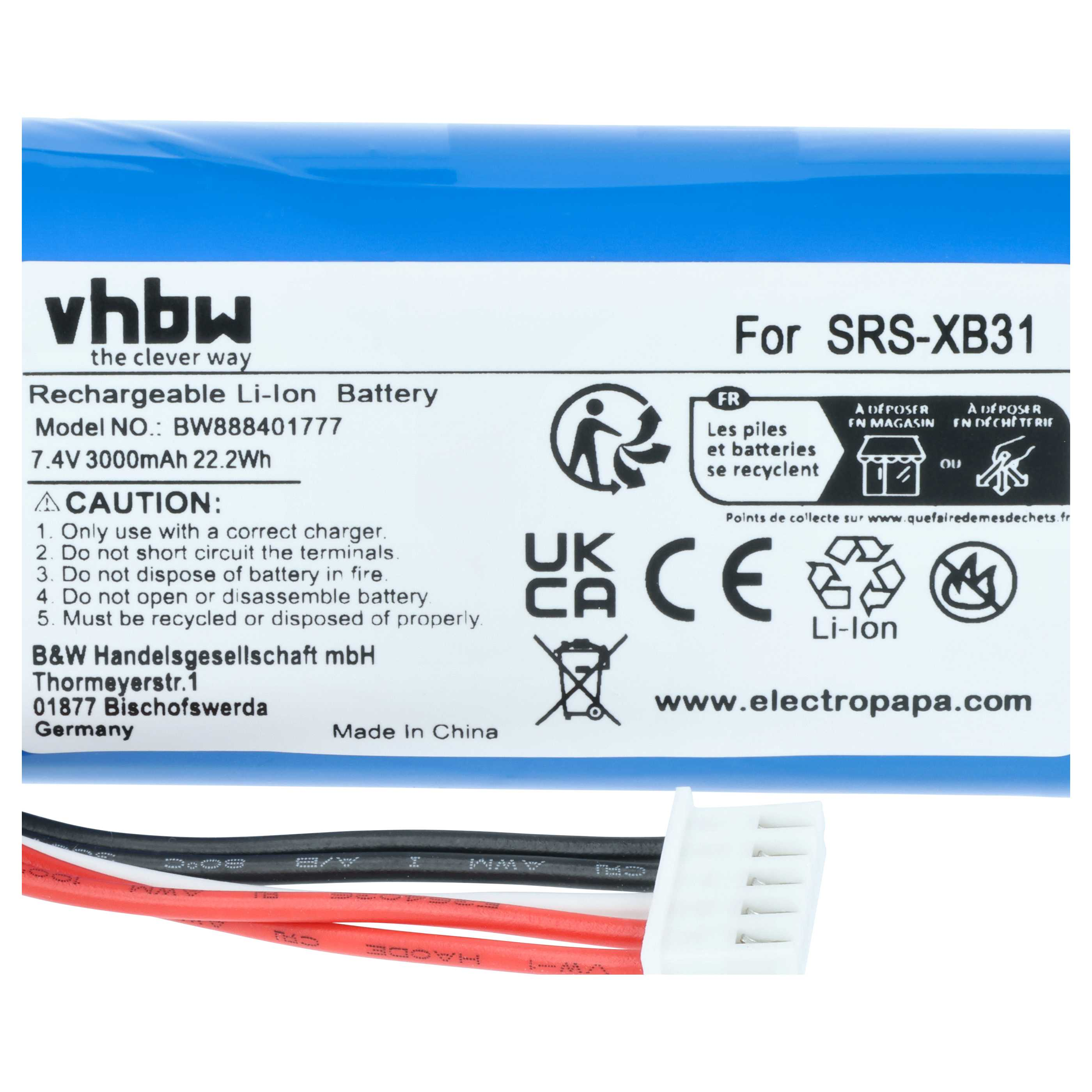 Ein blaues Li-Ion Akku-Pack für SRS-XB31 mit Kabeln und Beschriftung.