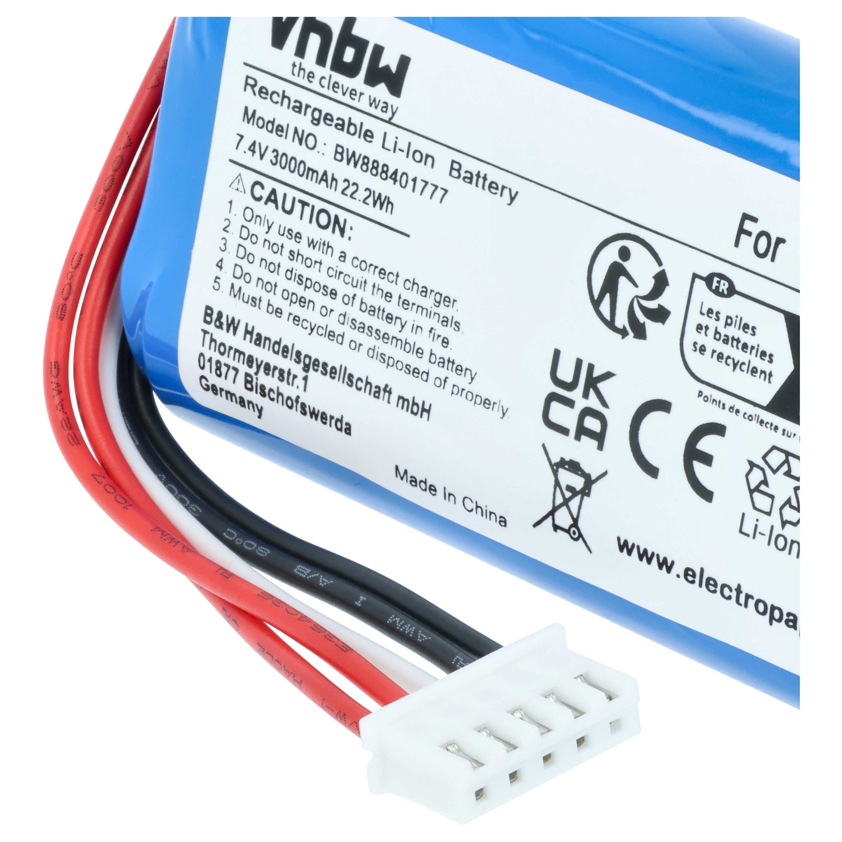 Blauer Li-Ion Akku mit weißen, roten, schwarzen Kabeln und weißem Stecker. Modell BW888401777.