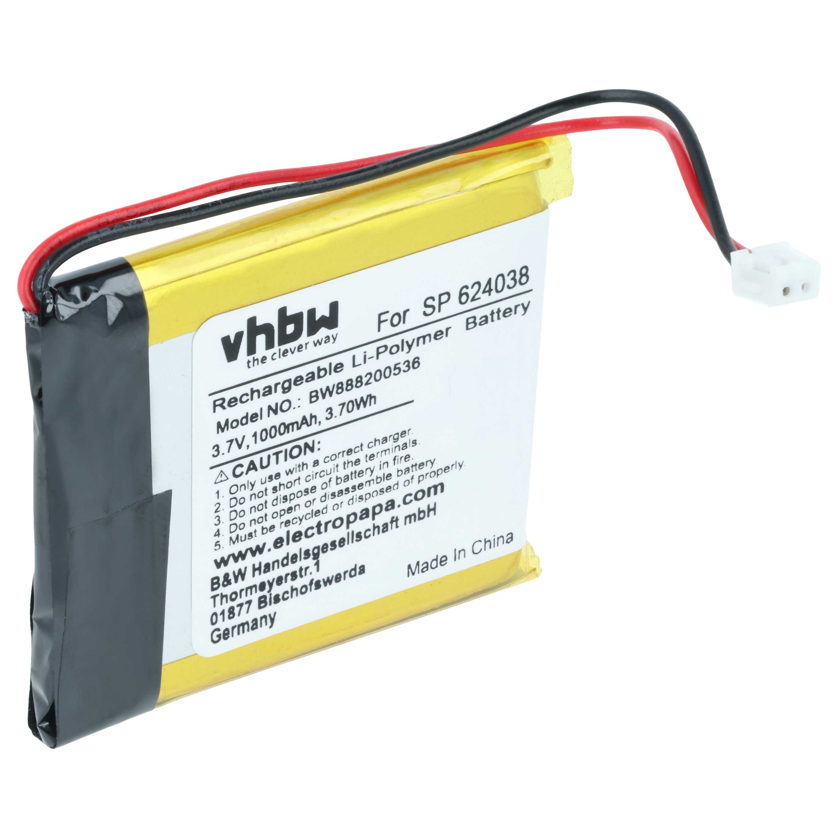 Ein gelber Lithium-Polymer-Akku mit schwarzen und roten Kabeln und einem weißen Stecker.
