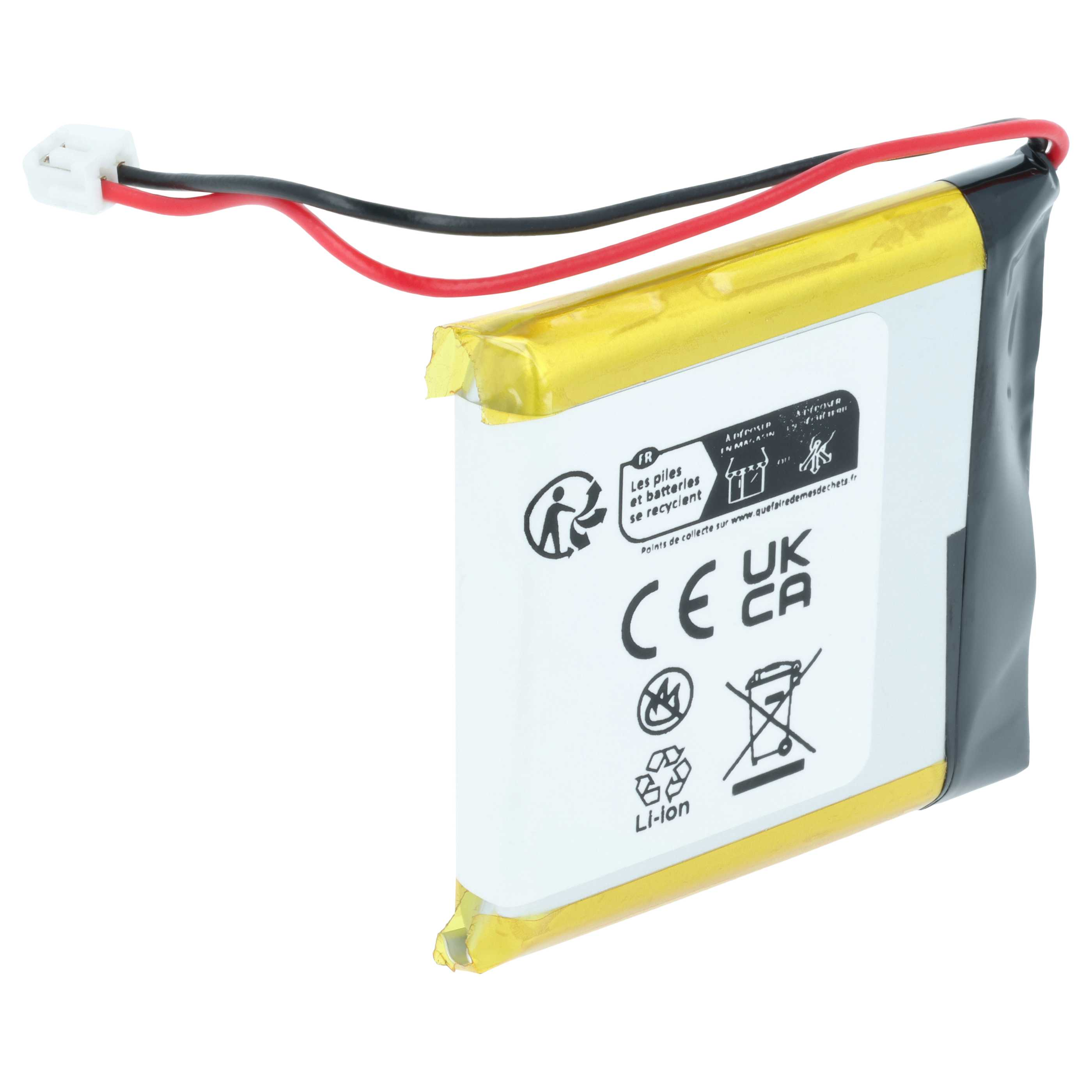 Ein Li-Ionen-Akku mit gelber Hülle, rotem und schwarzem Kabel und weißem Stecker.