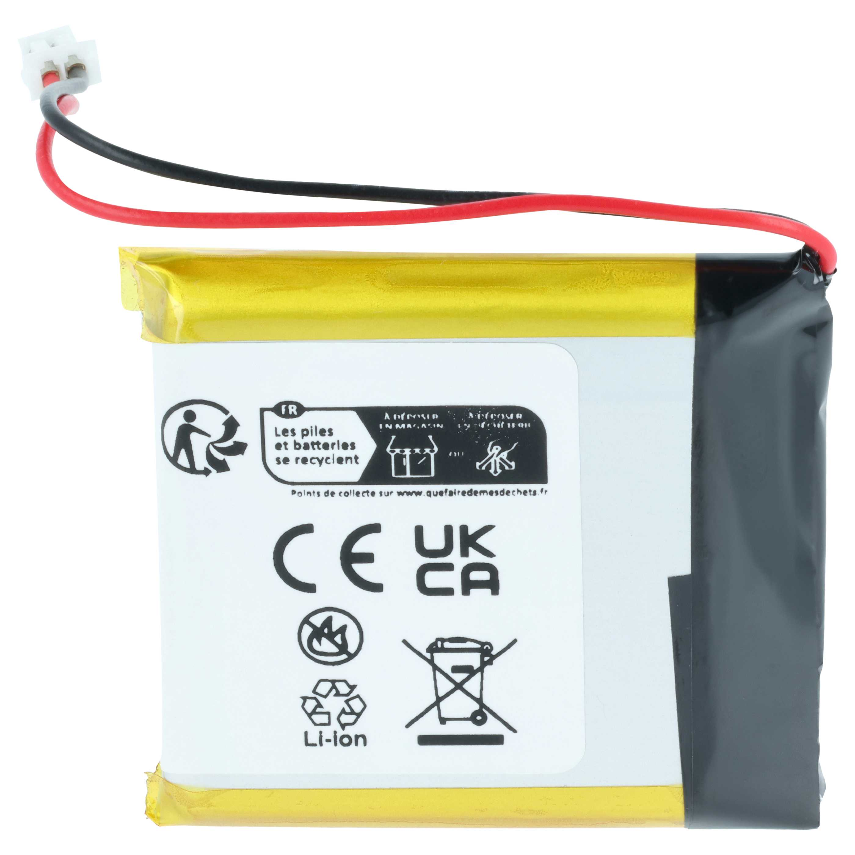 Ein Lithium-Ionen-Akku mit roten und schwarzen Kabeln und einem weißen Stecker.
