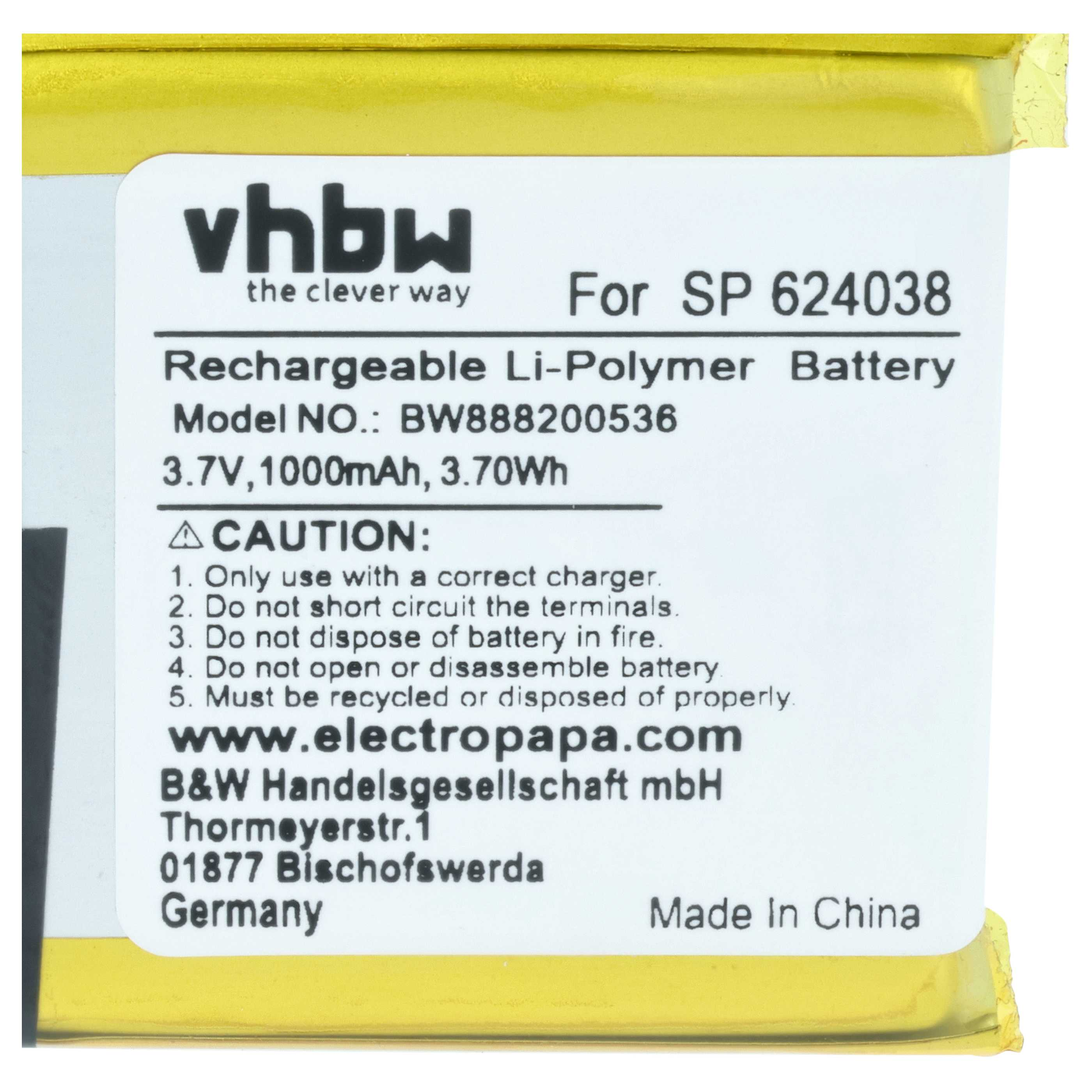 Gelbe Li-Polymer-Batterie für SP 624038 mit Warnhinweisen und Herstellerangaben.