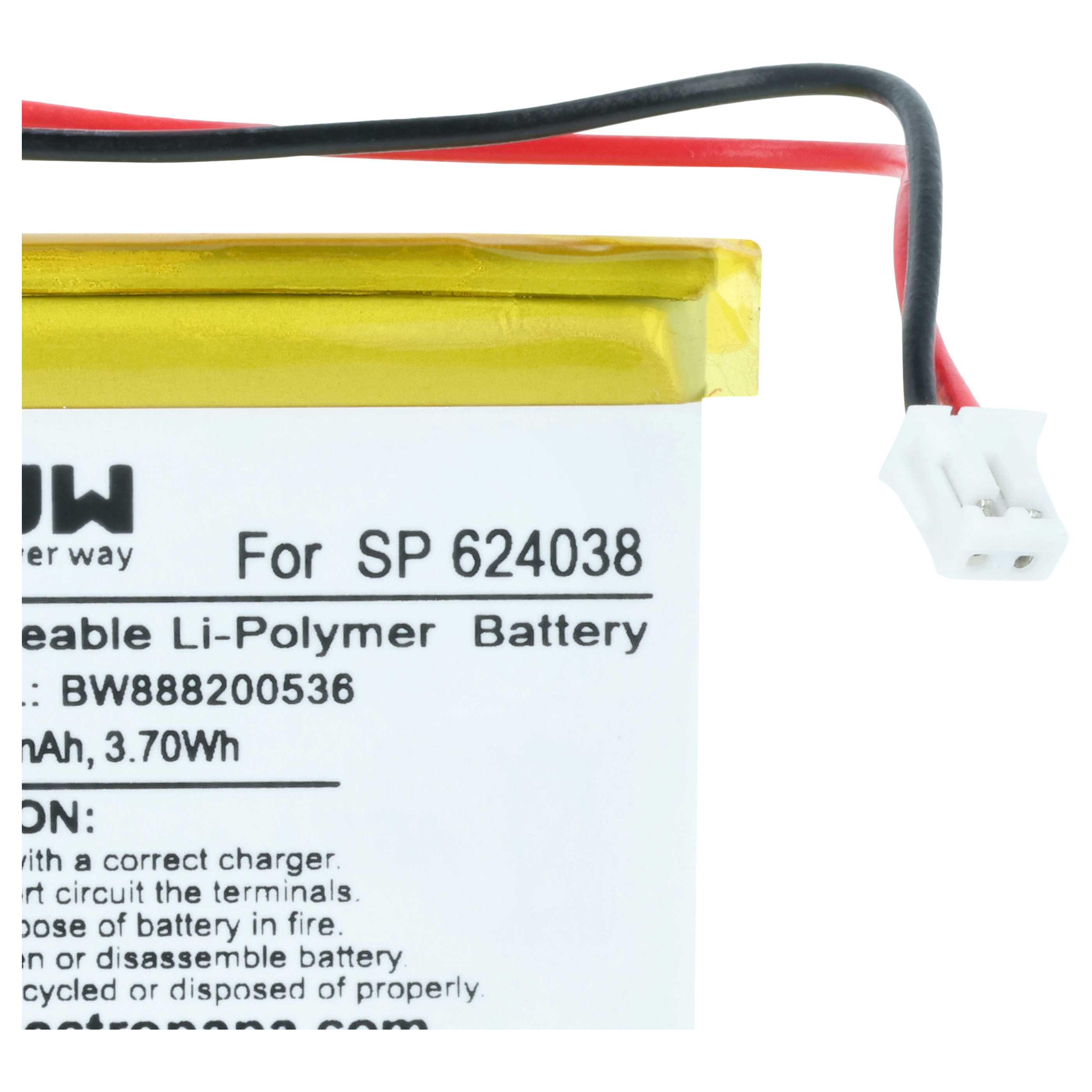 Ein Li-Polymer-Akku, Modell SP 624038, mit rotem und schwarzem Kabel.