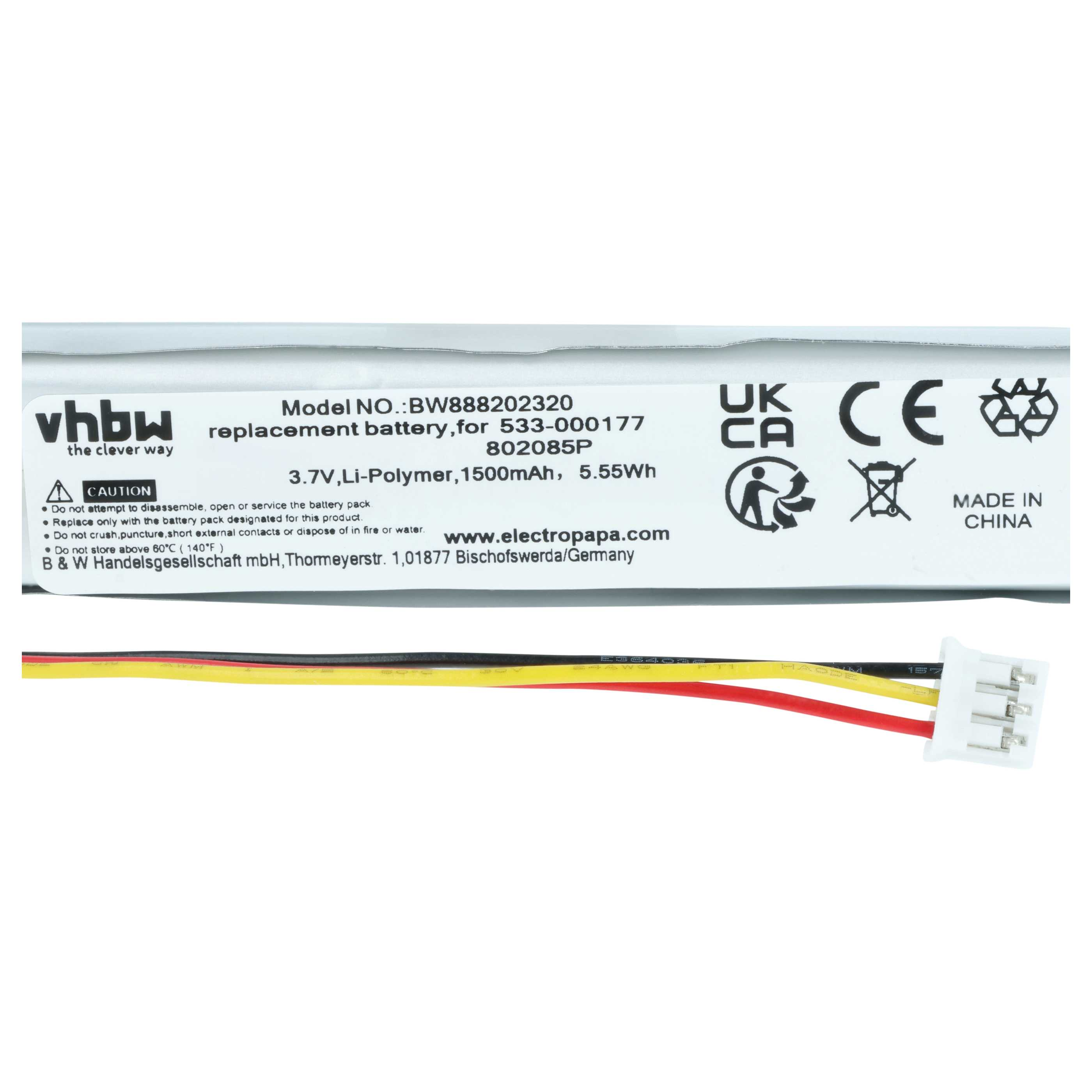 vhbw Ersatzakku, 3,7V Li-Polymer, 1500mAh, mit Kabeln.