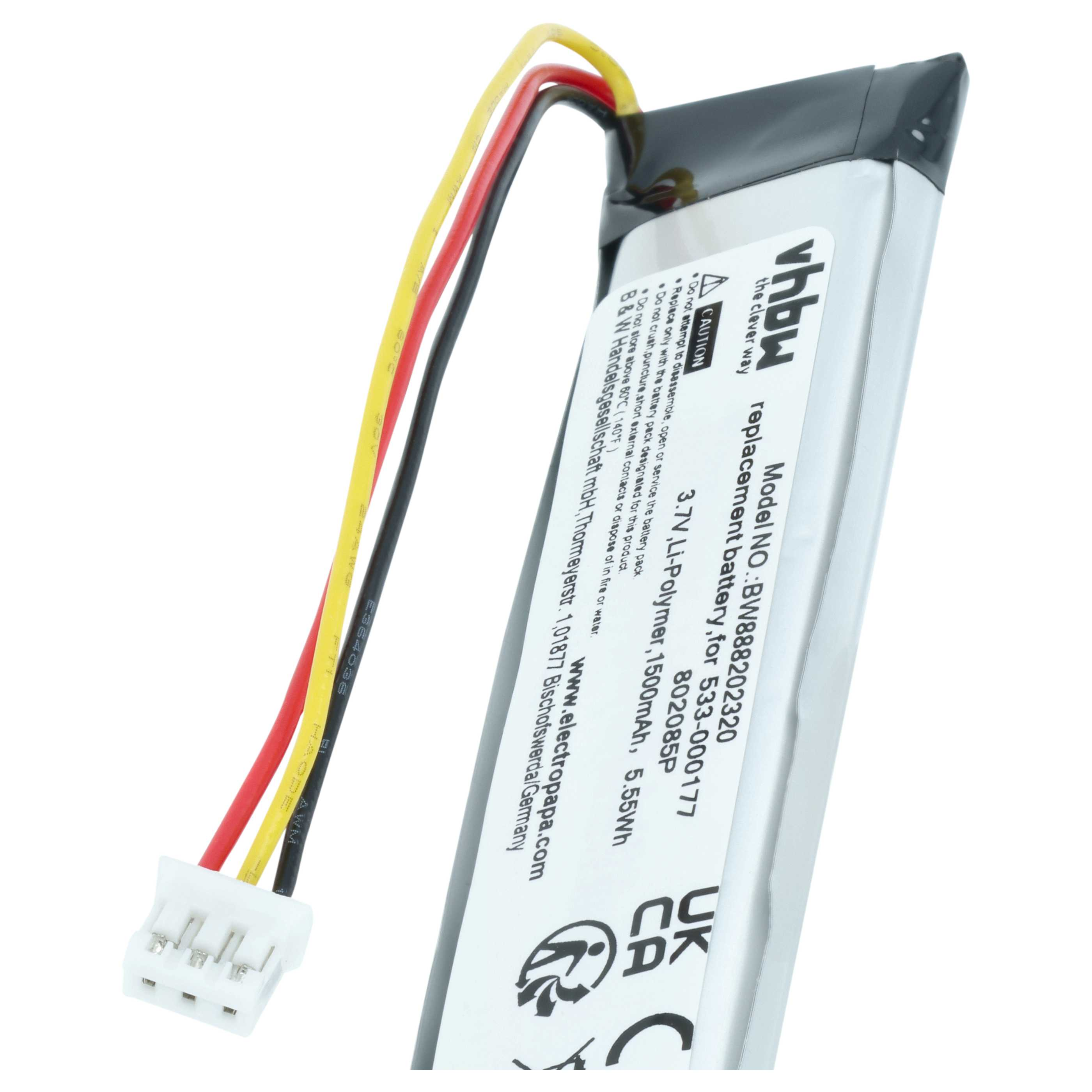 Ein 3,7V Li-Polymer Akku mit drei Kabeln (rot, gelb, schwarz) und weißem Stecker.