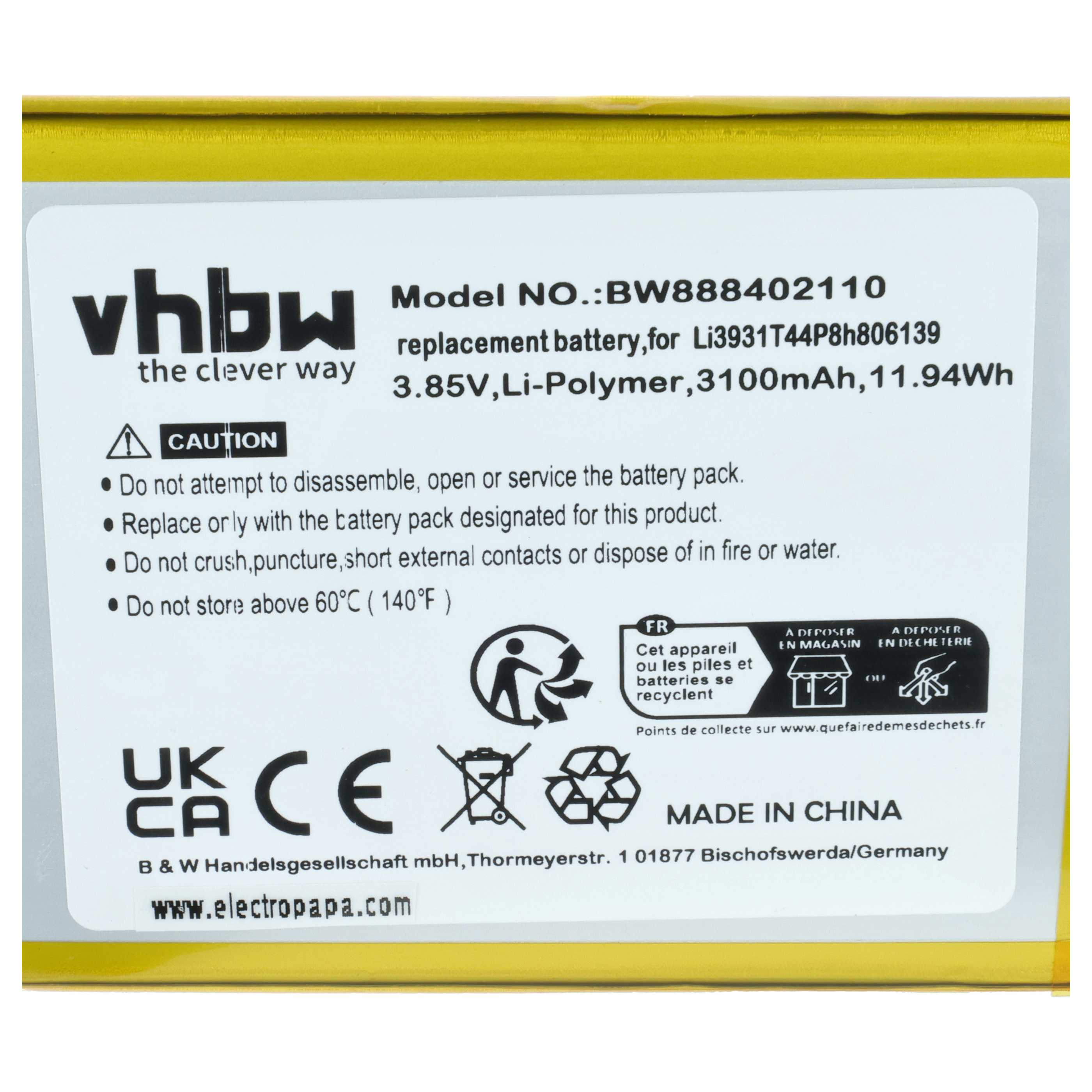 VhbW Ersatzakku für Li3931T44P8h806139, 3,85V, Li-Polymer, 3100mAh.