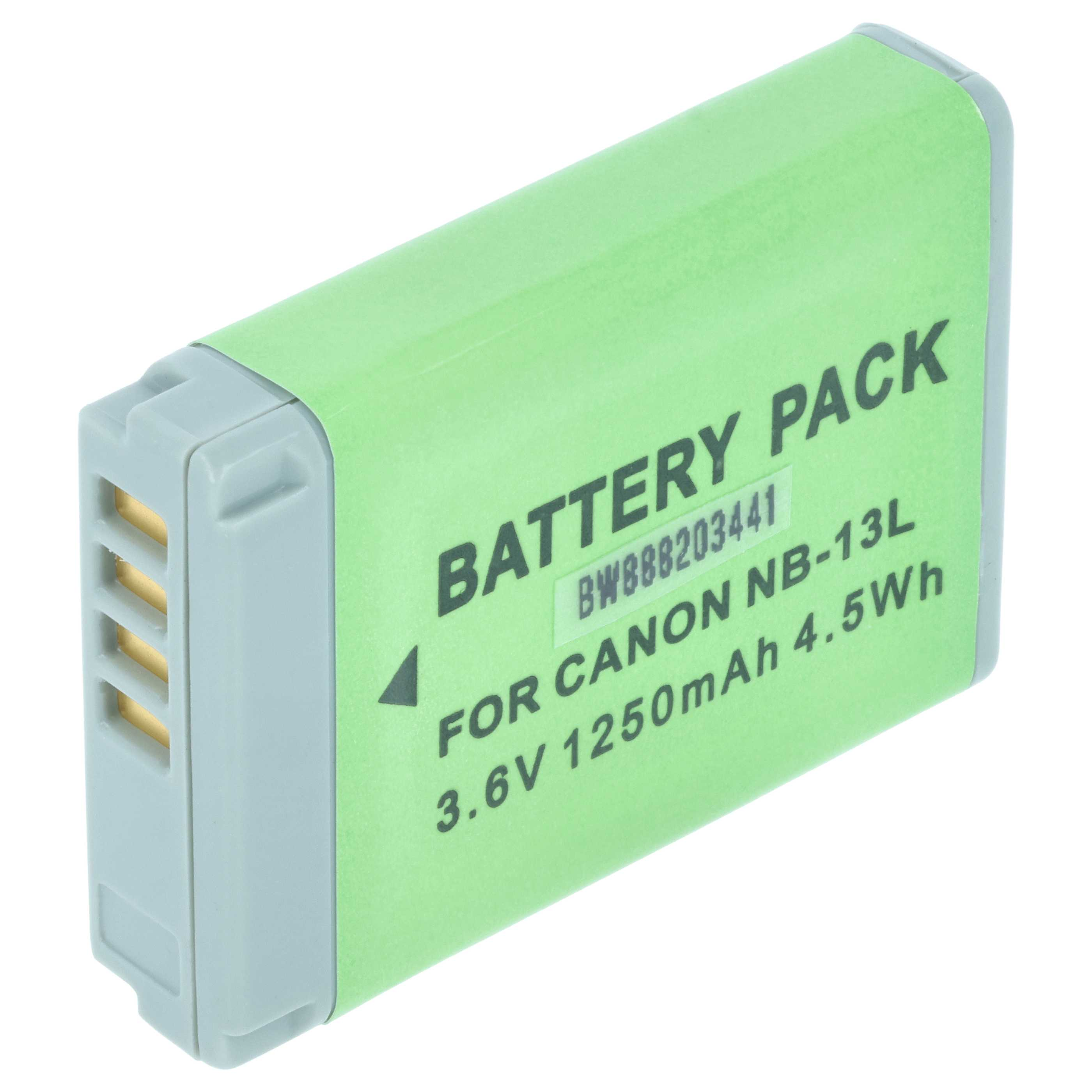 Grauer Akku mit grüner Banderole, Aufschrift BATTERY PACK, FÜR CANON NB-13L.