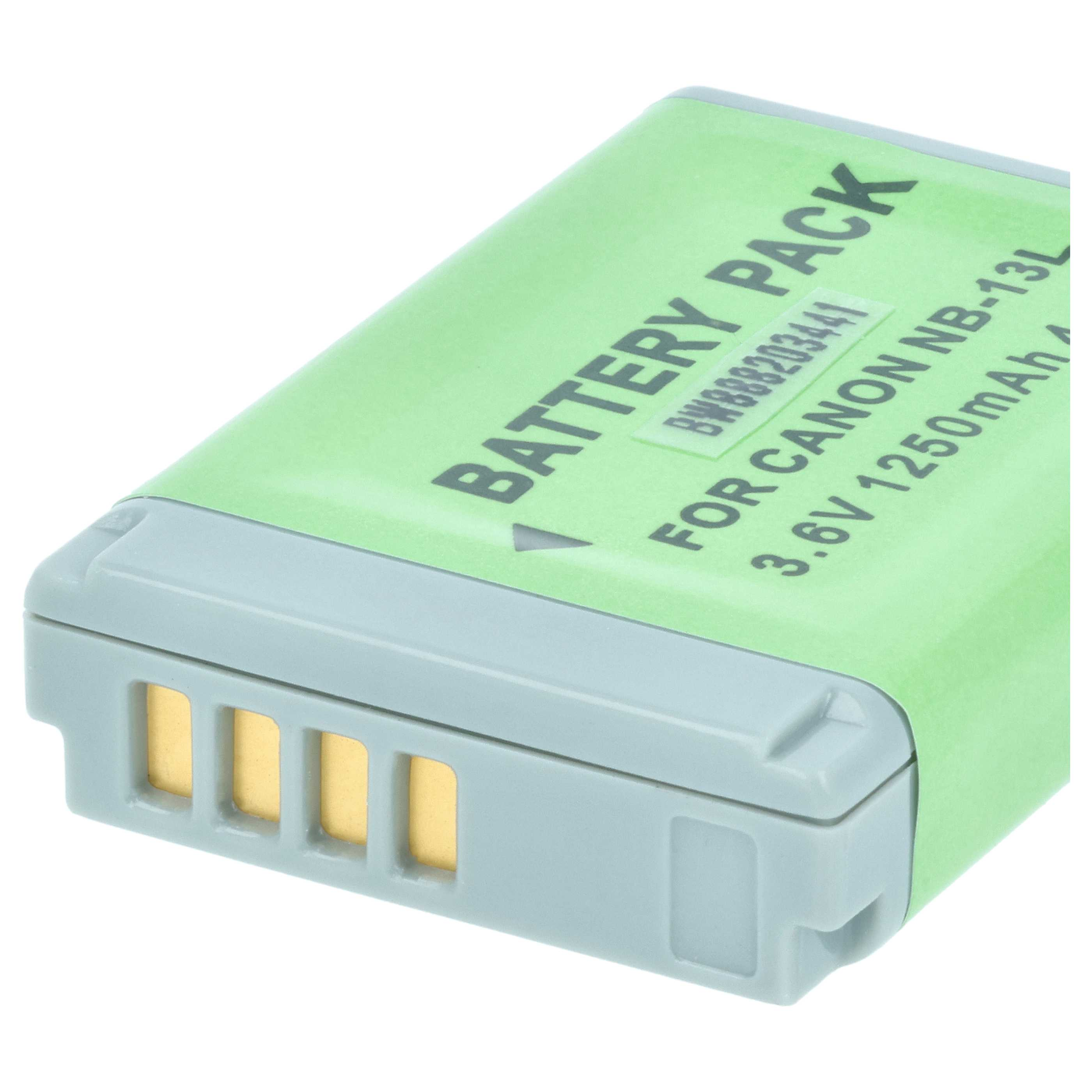 Grüne Batteriepack für Canon NB-13L, 3,6V 1250mAh, mit silbernen Kontakten.