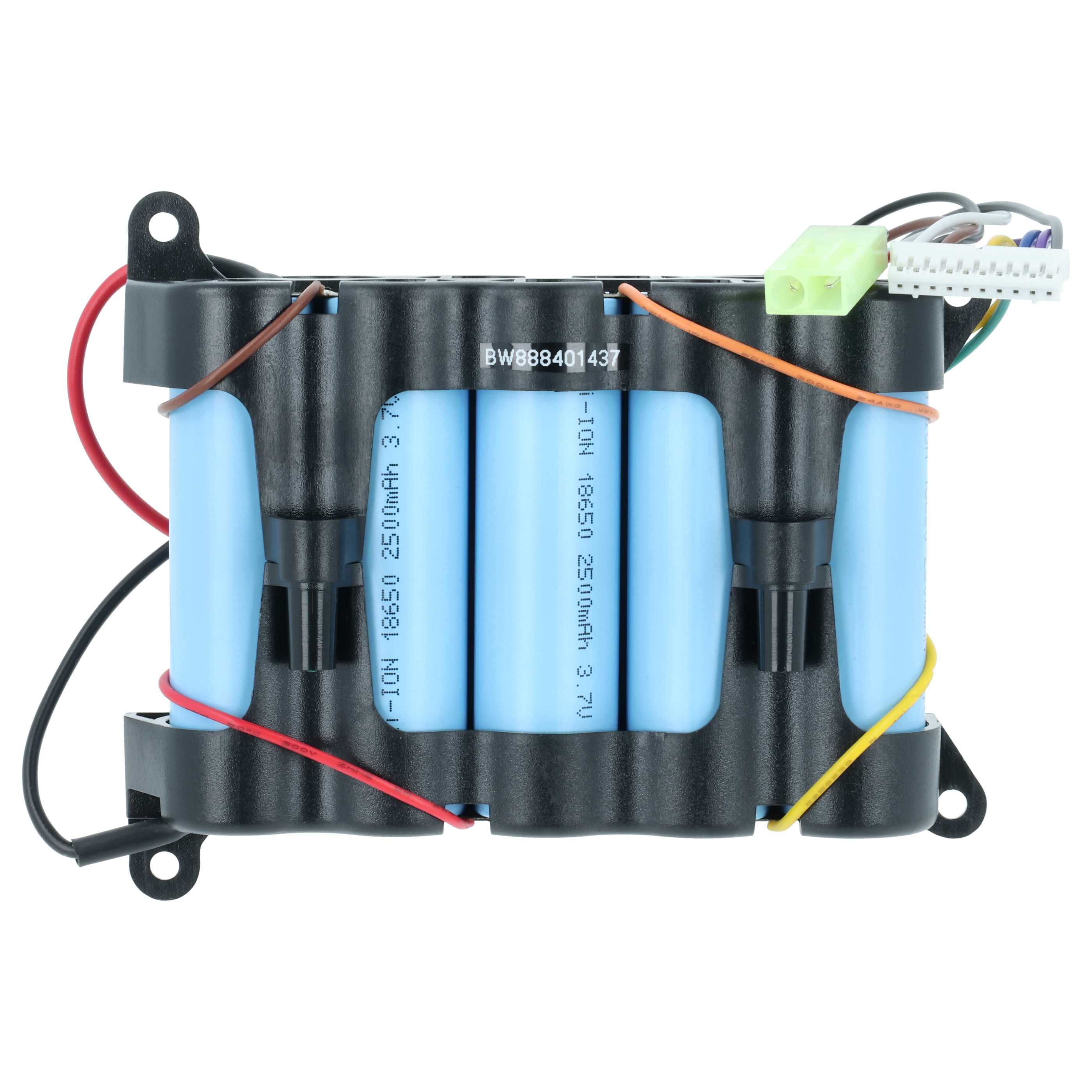 Ein Batteriepack aus blauen 18650-Zellen mit schwarzem Halter und Kabeln.