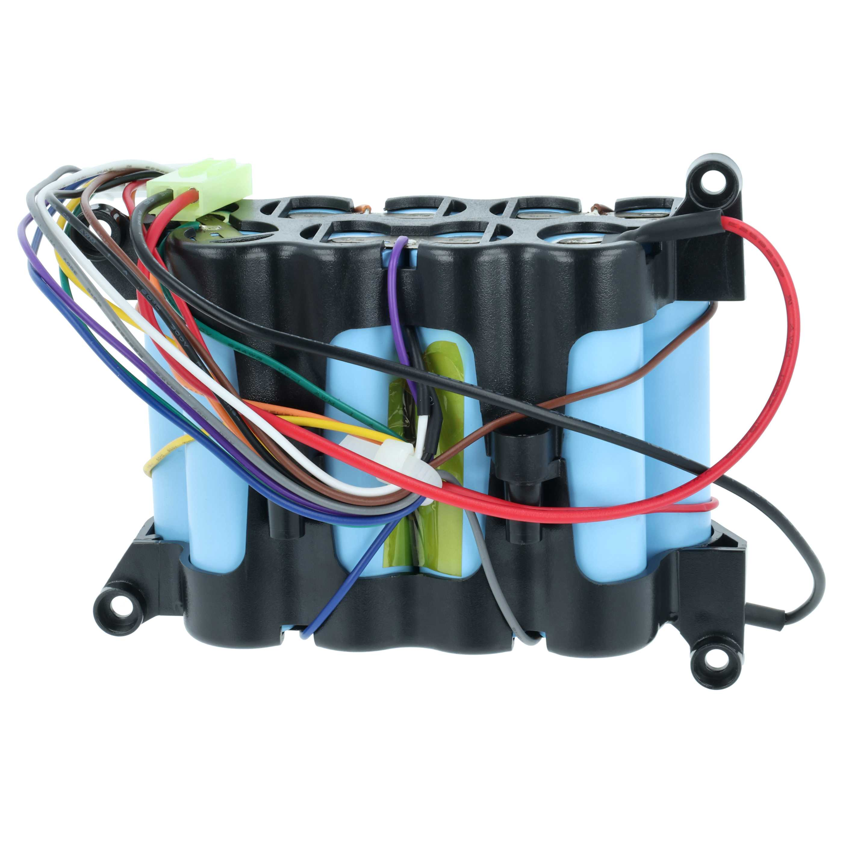 Ein Batteriepack mit blauen Zellen, schwarzem Halter und vielen bunten Kabeln.