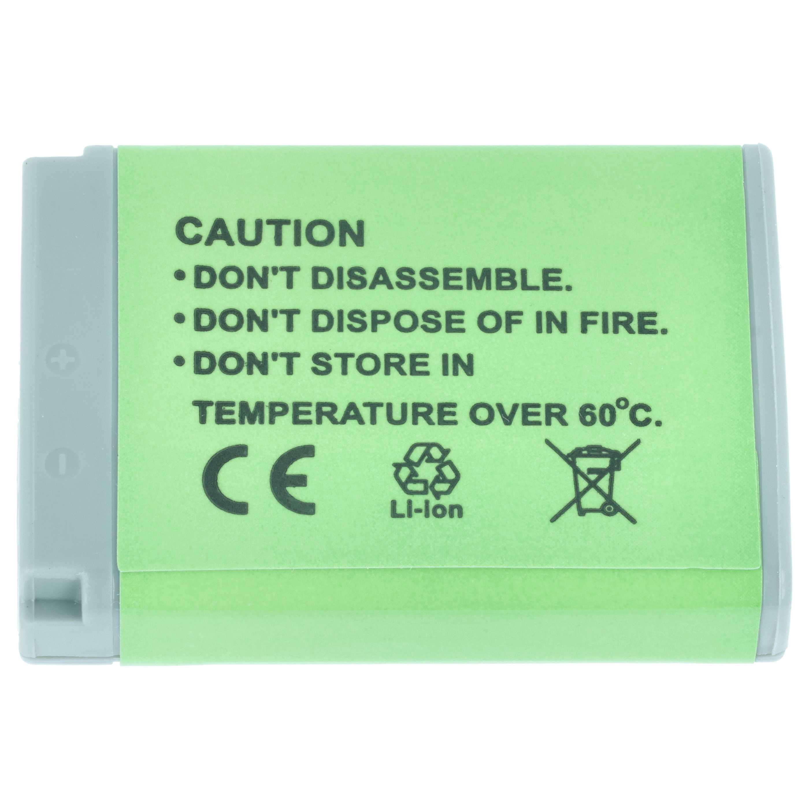Grüne Batterie mit Warnhinweisen und Symbolen wie CE und Li-Ion.