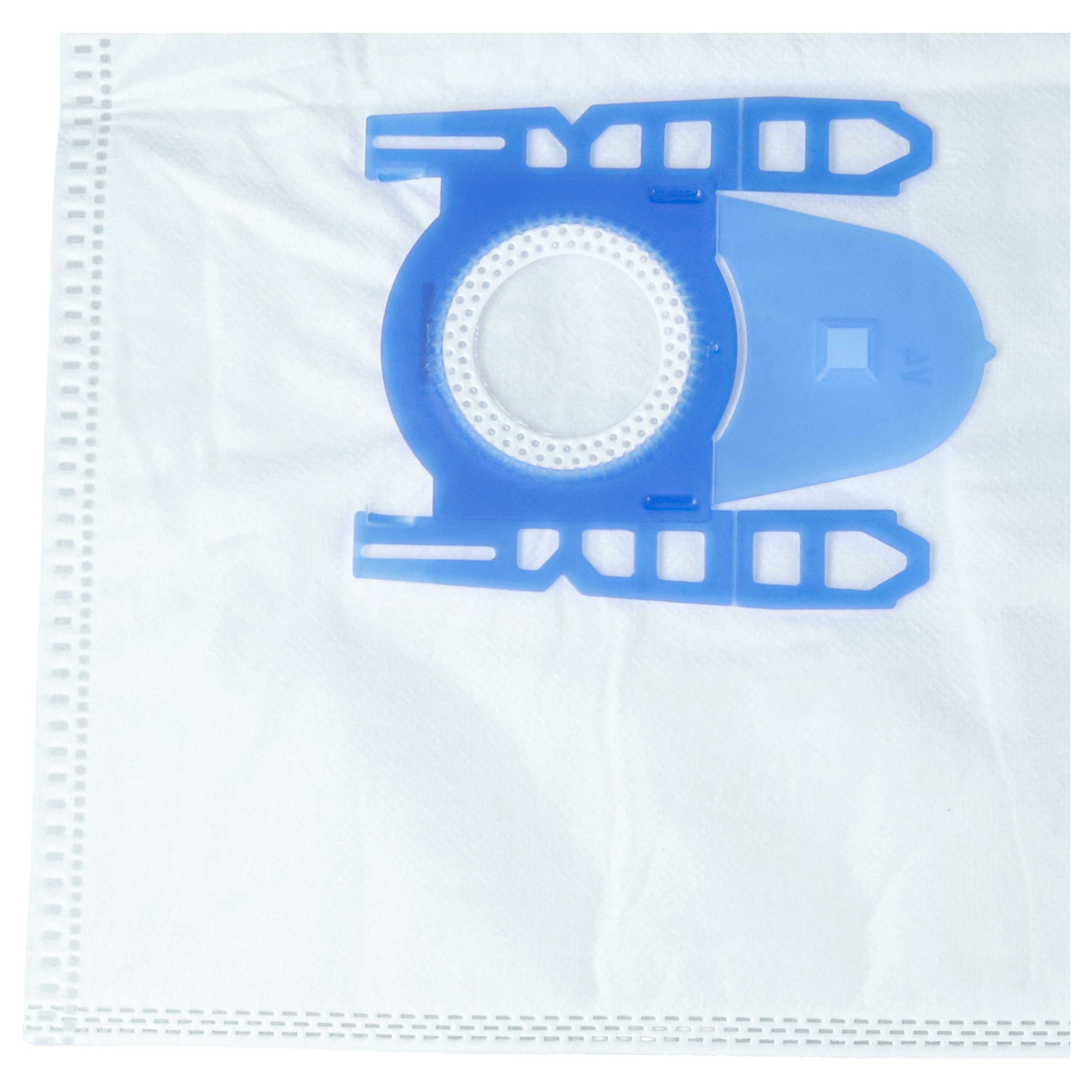 Ein blauer Plastikadapter auf einem weißen Staubsaugerbeutel.