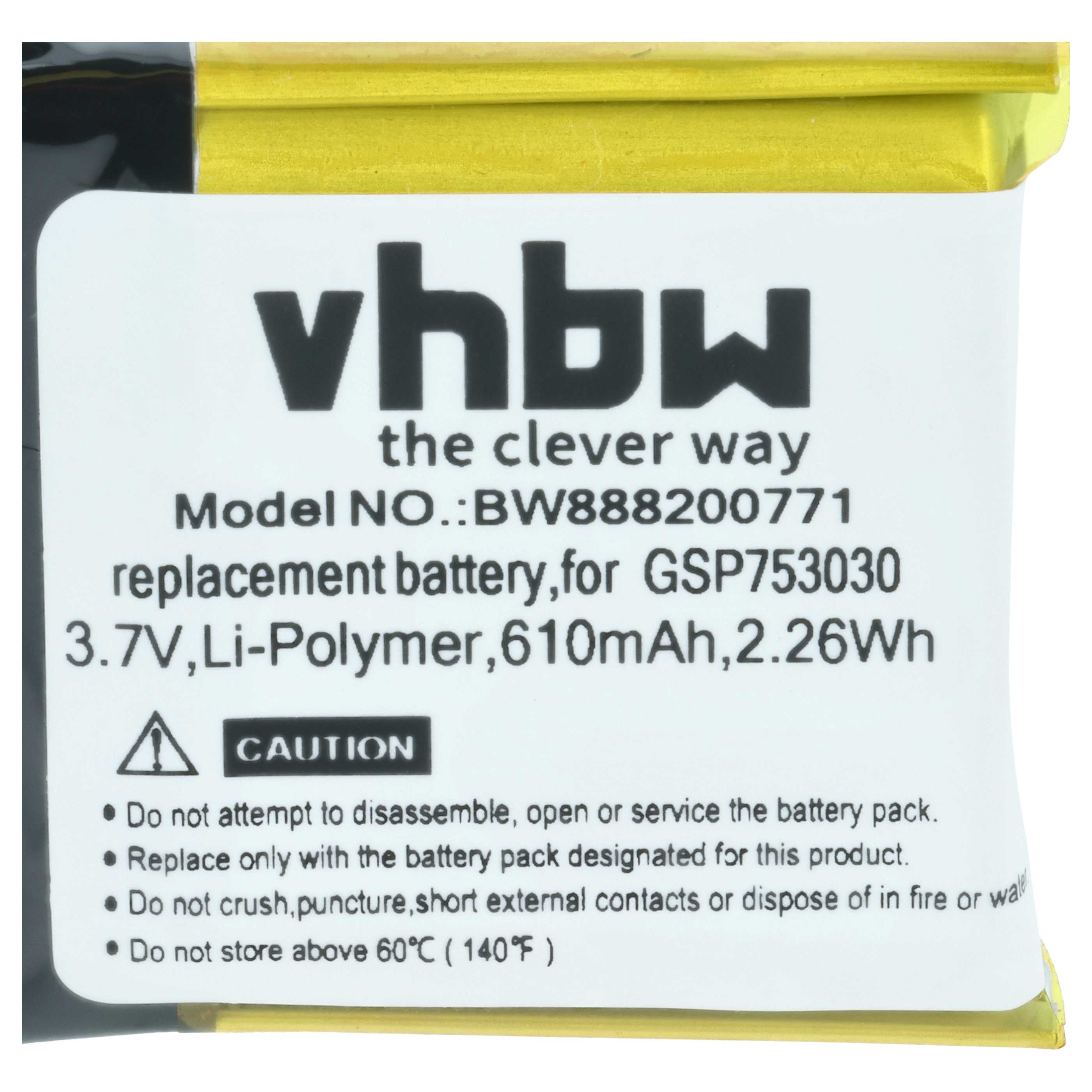 Gelbes Batteriepaket mit schwarzem Logo "vhbw" und Warnhinweisen.