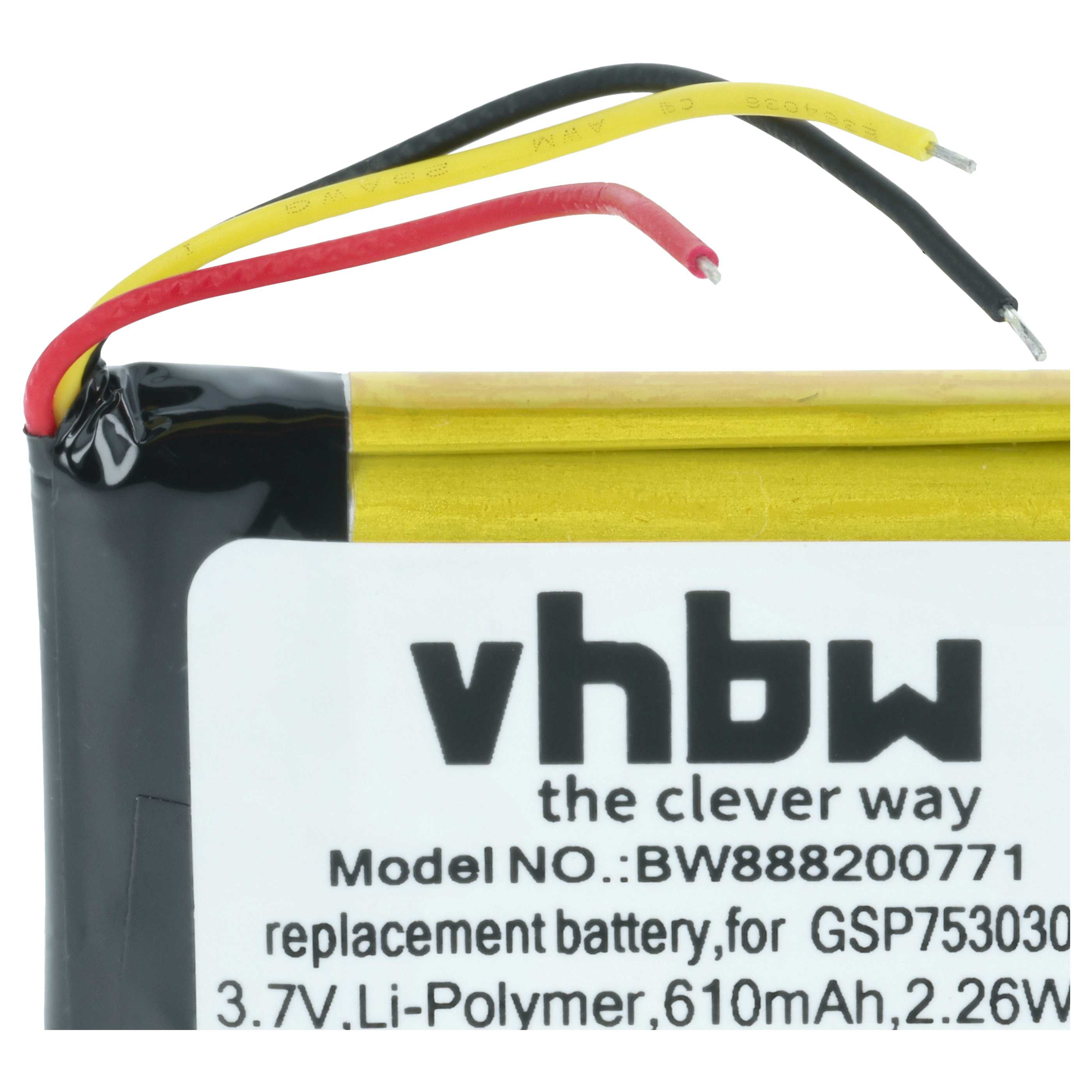 Ein gelber, roter und schwarzer Draht ragen aus einem Akku mit "vhbw" Logo.