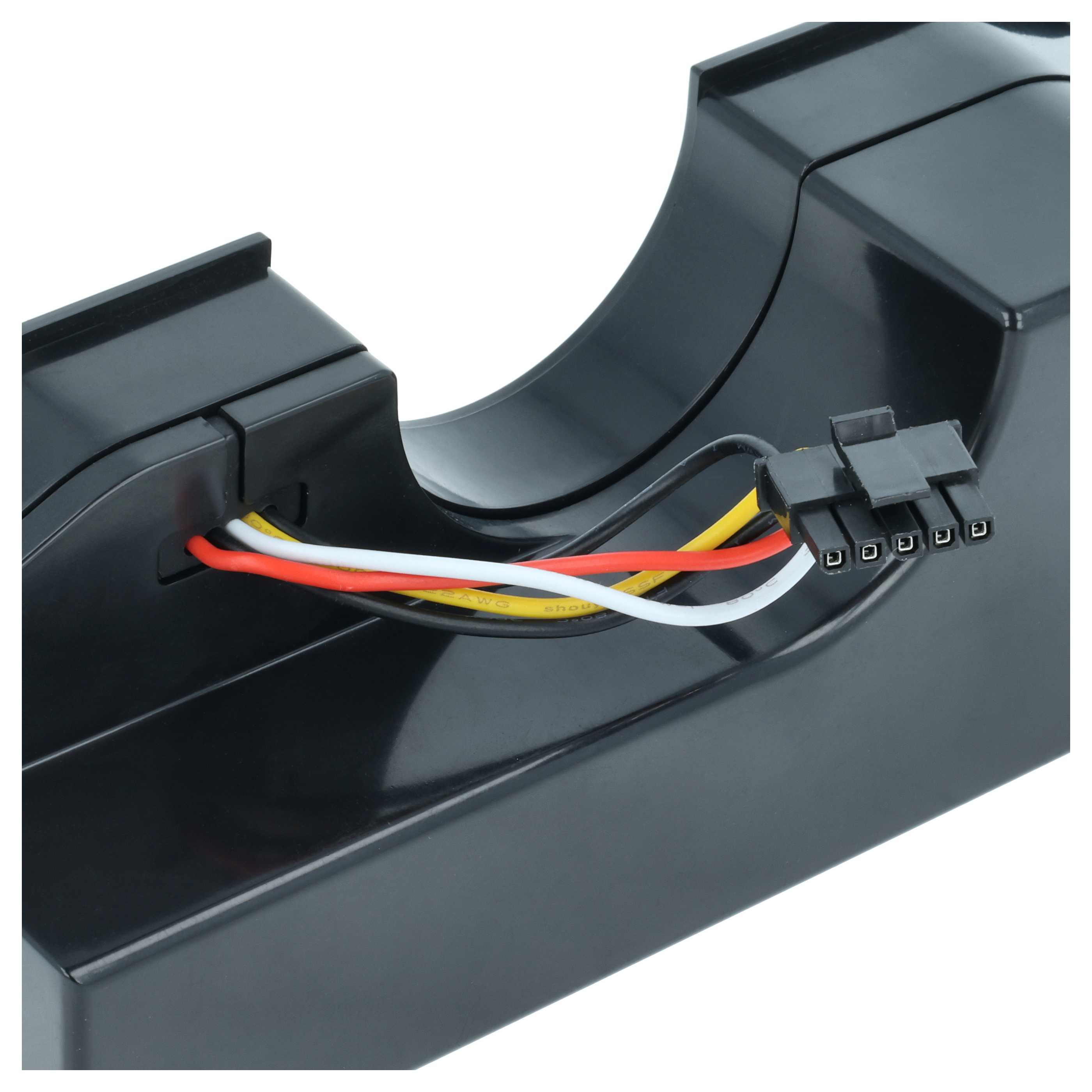 Schwarzes Gehäuse mit roten, weißen und gelben Drähten, die zu einem Stecker führen.