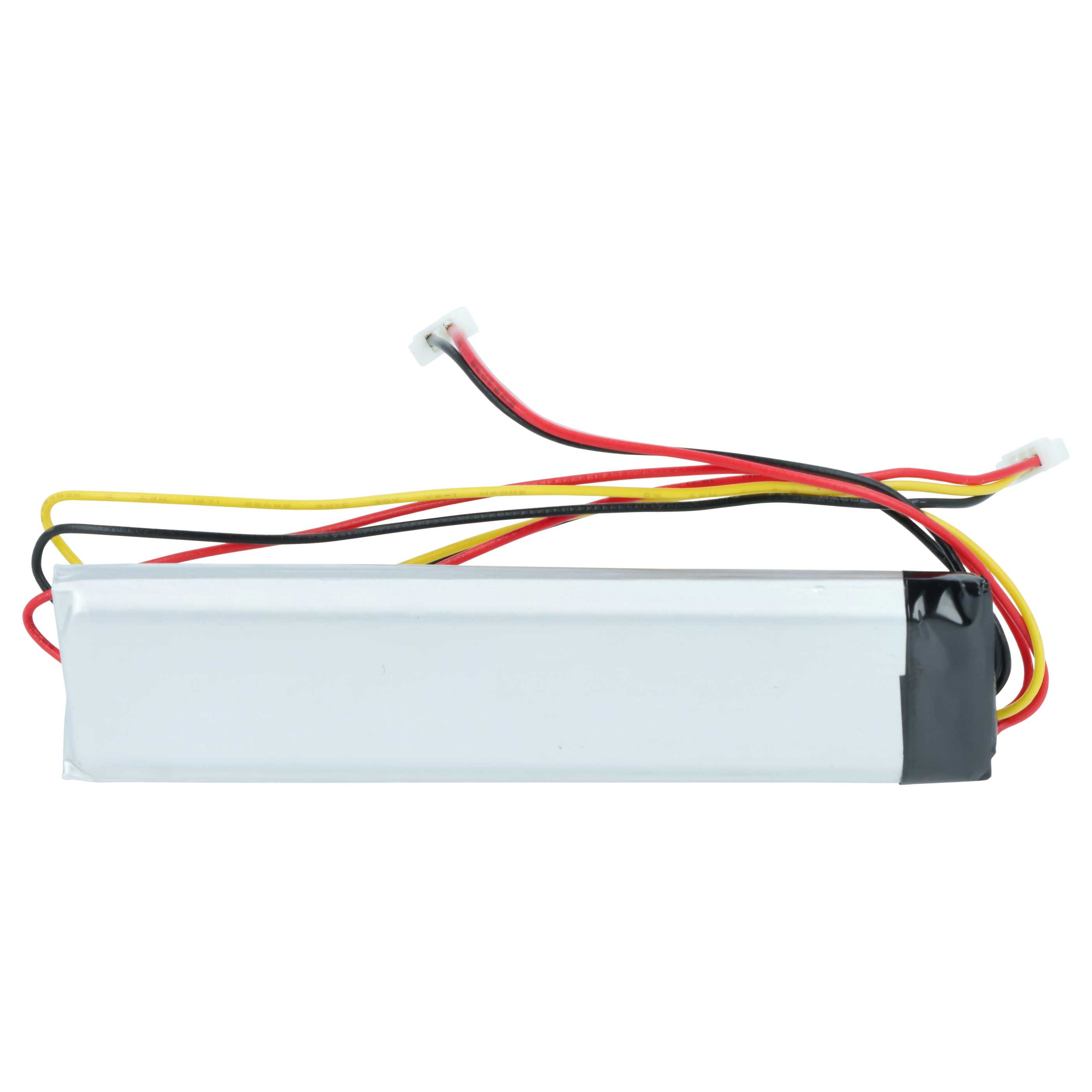 Ein flacher Lithium-Polymer-Akku mit silbernem Gehäuse und schwarzen, roten und gelben Kabeln.