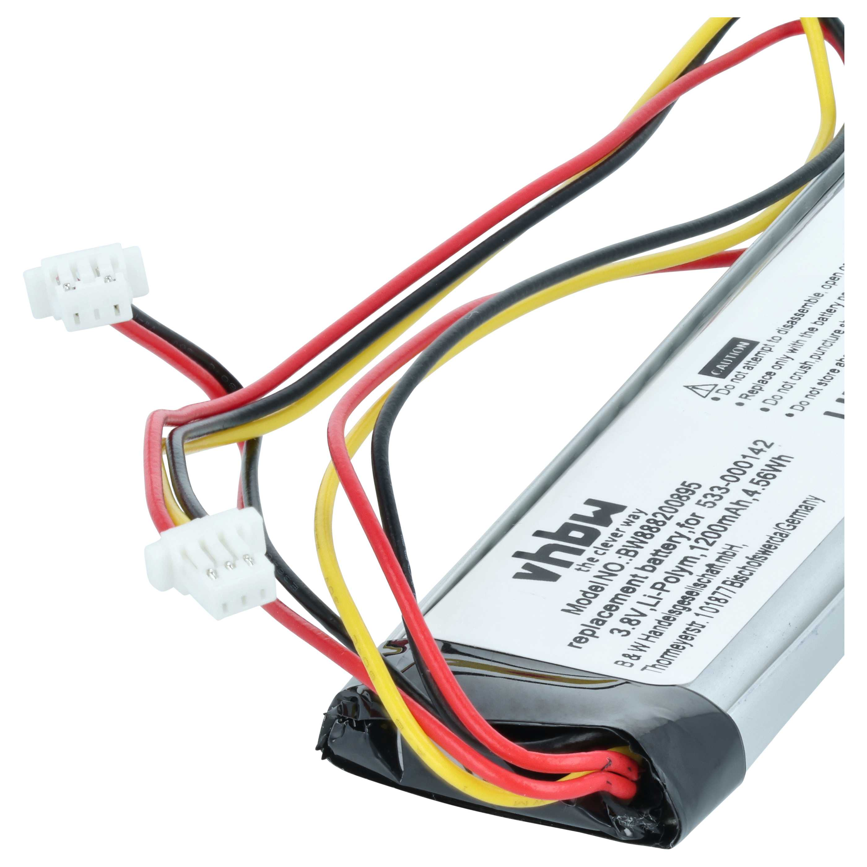 Ein Lithium-Polymer-Akku mit roten, schwarzen und gelben Kabeln und einem weißen Stecker.