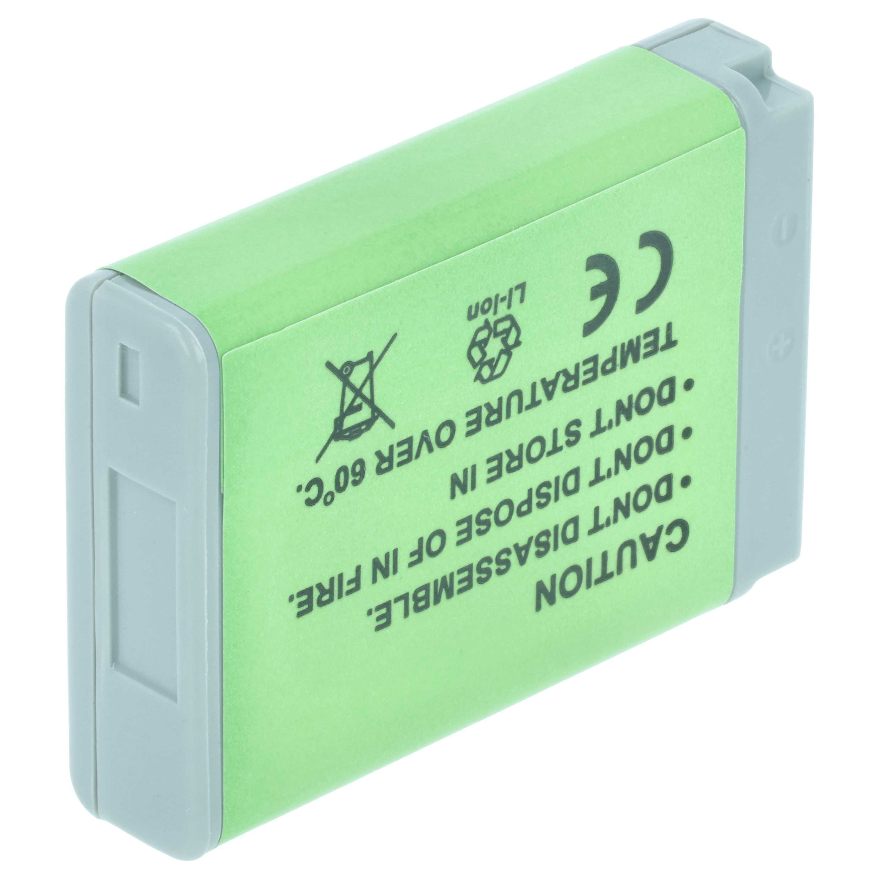Eine grüne Batterie mit schwarzem Text. Warnungen enthalten „VORSICHT“ und 