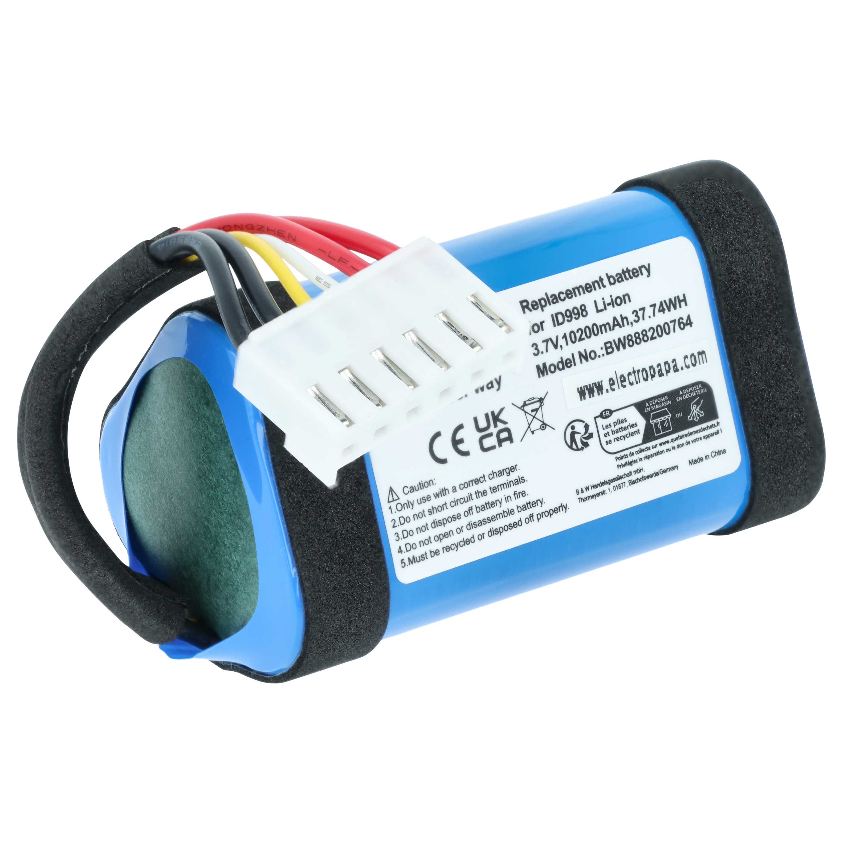 Eine blaue Li-Ion-Batterie mit Kabeln und einem weißen Stecker, 3,7 V, 10200 mAh.