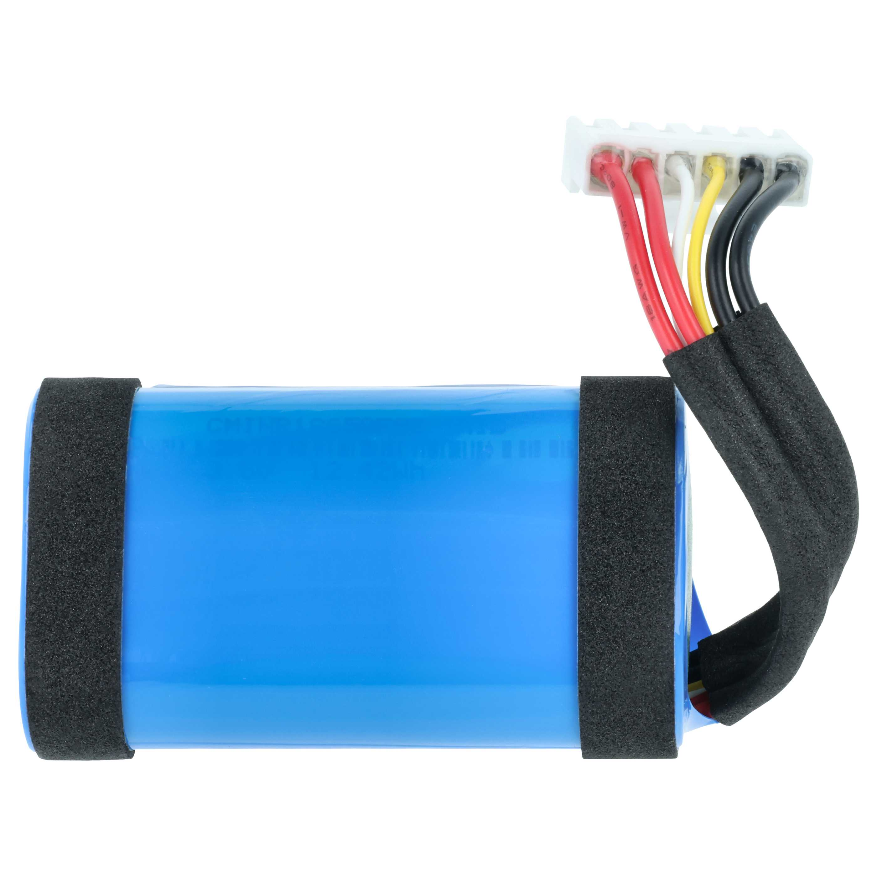 Blauer Akku mit schwarzem Schaumstoffband, Kabeln und weißem Stecker.